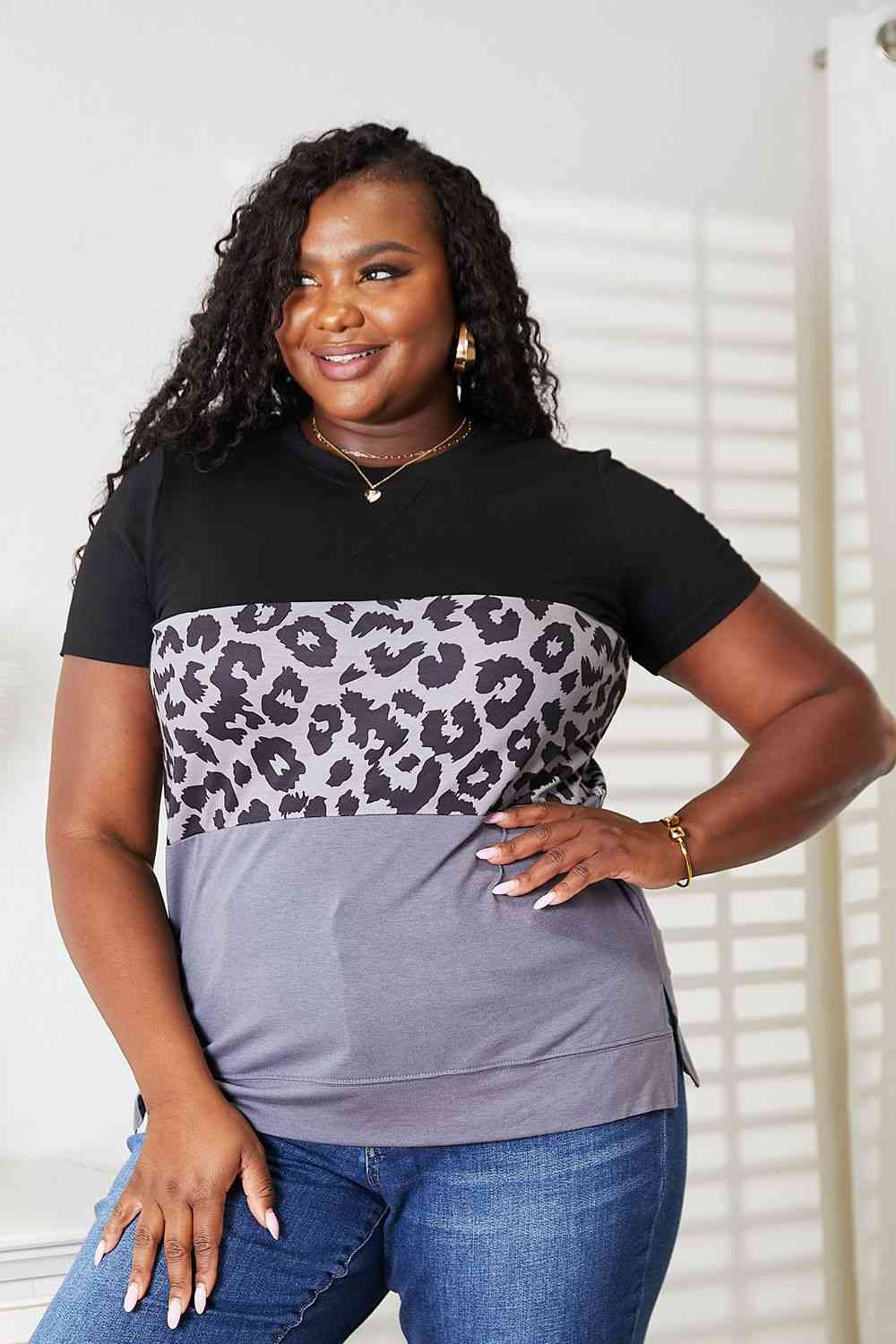 Double Take Leopard Print Color Block Short Sleeve T-Shirt BLUE ZONE PLANET