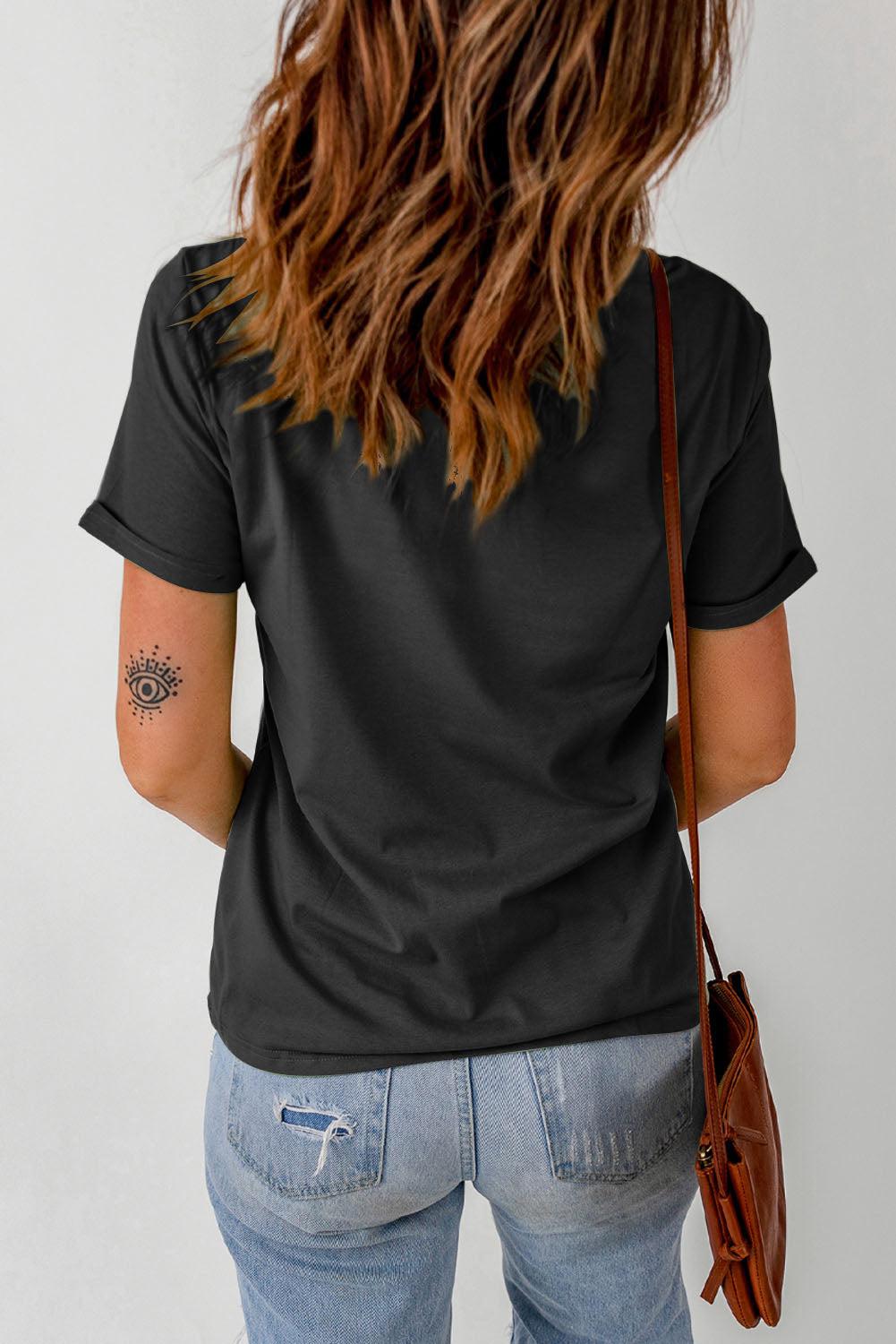 AMERICAN Embroidered Round Neck Cuffed Tee Shirt BLUE ZONE PLANET