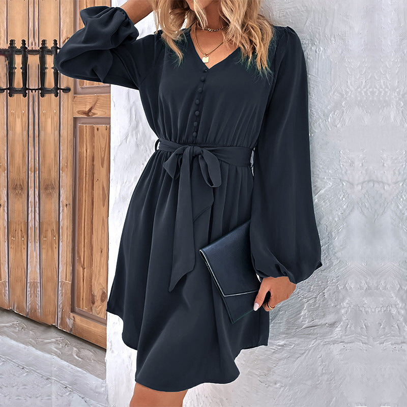 Woven V-Neck Long Sleeve Dress BLUE ZONE PLANET