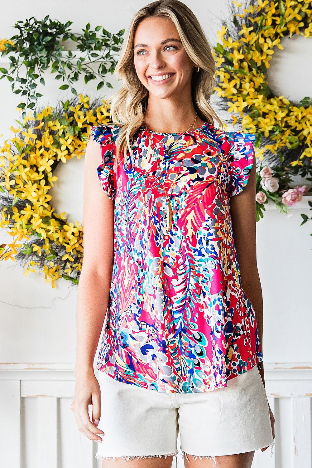 Abstract Print Ruffle Shoulder Top BLUE ZONE PLANET