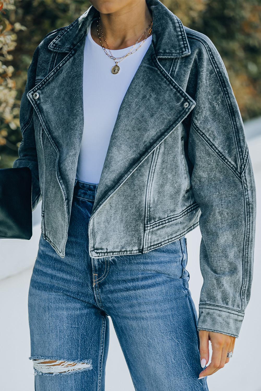 Acid Wash Lapel Collar Cropped Denim Jacket BLUE ZONE PLANET
