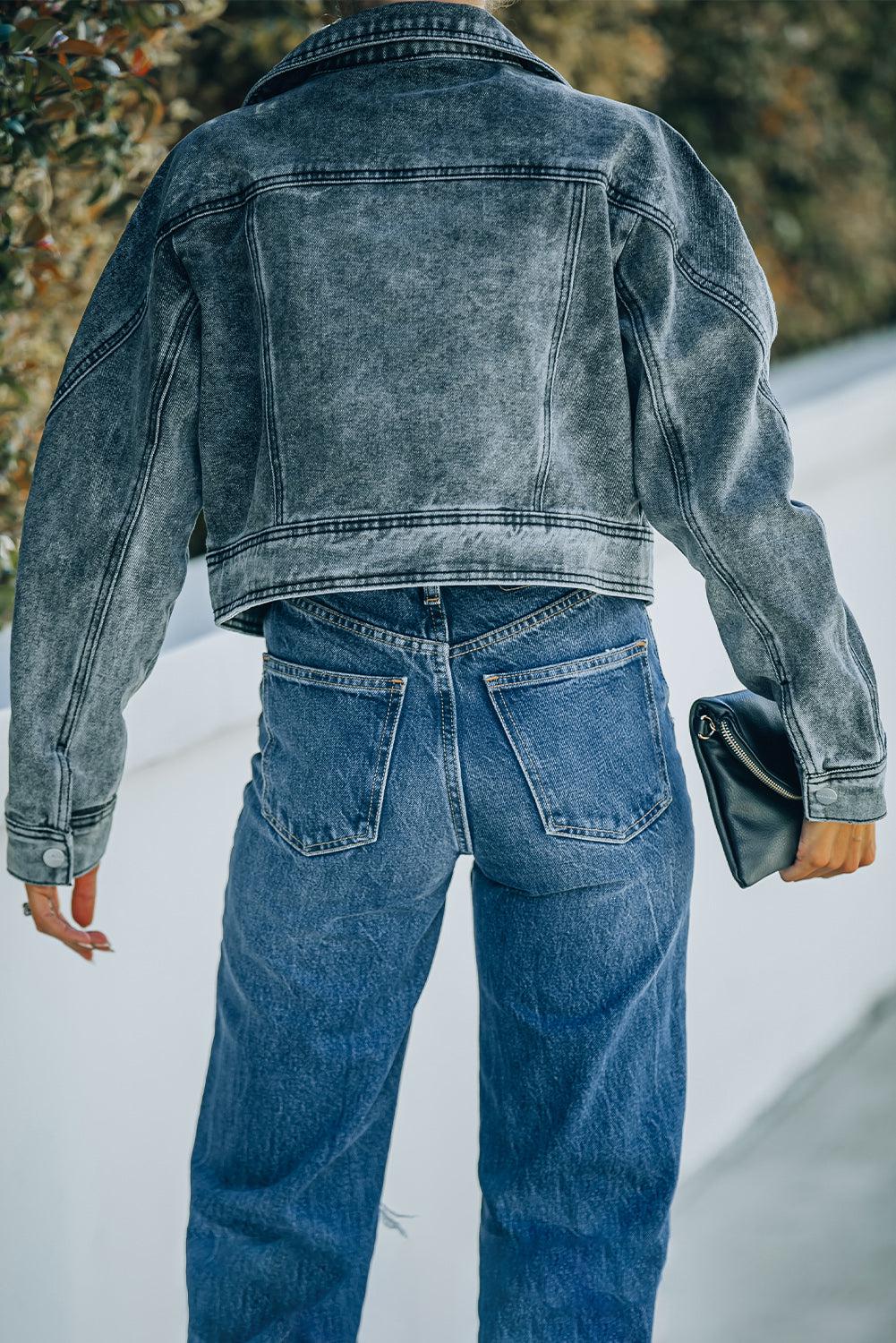 Acid Wash Lapel Collar Cropped Denim Jacket BLUE ZONE PLANET