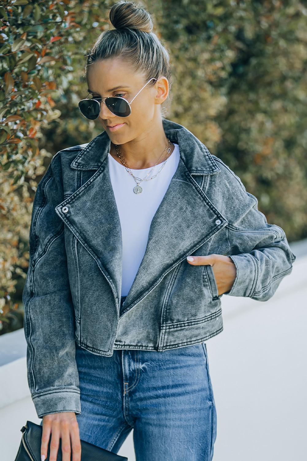 Acid Wash Lapel Collar Cropped Denim Jacket BLUE ZONE PLANET