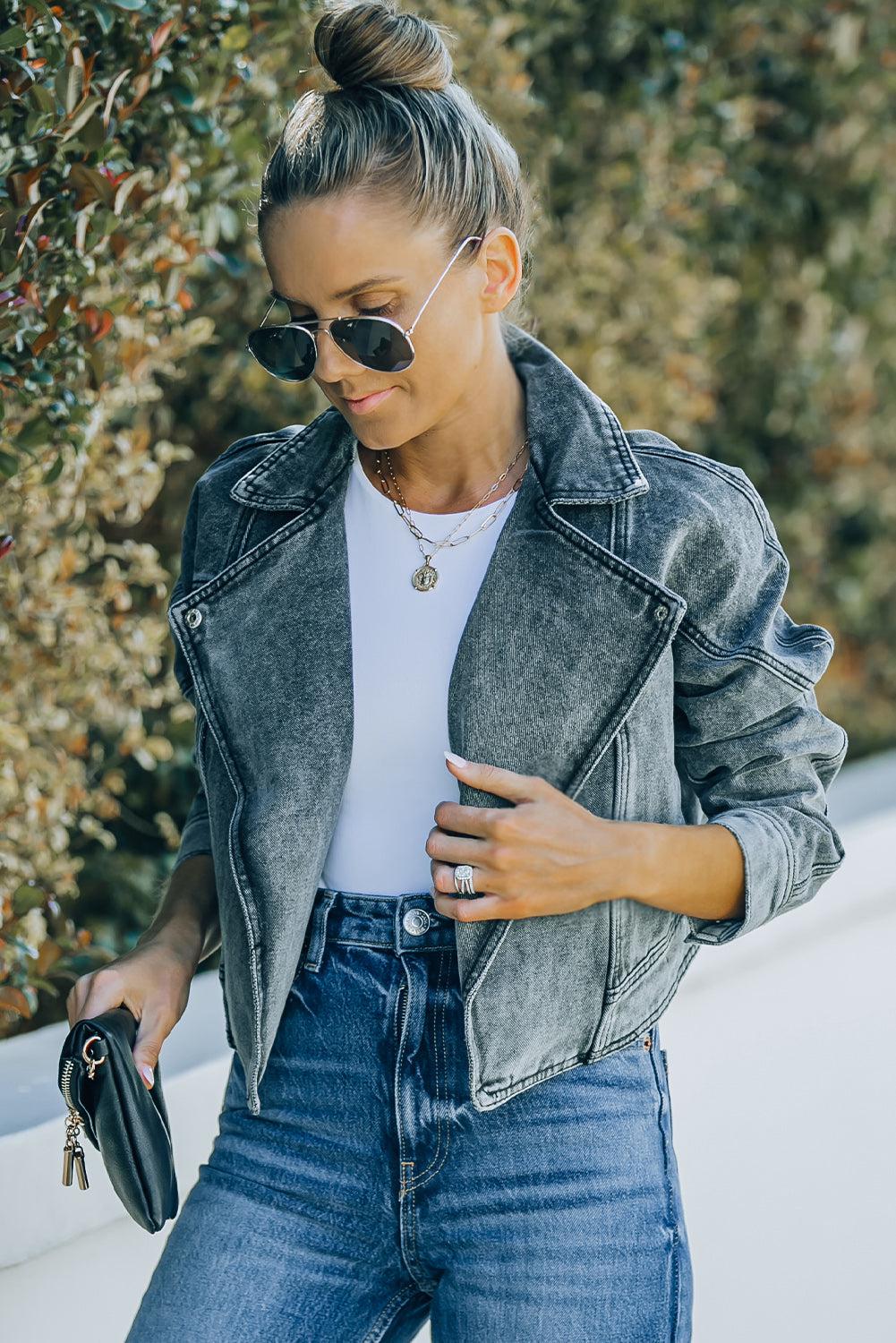 Acid Wash Lapel Collar Cropped Denim Jacket BLUE ZONE PLANET