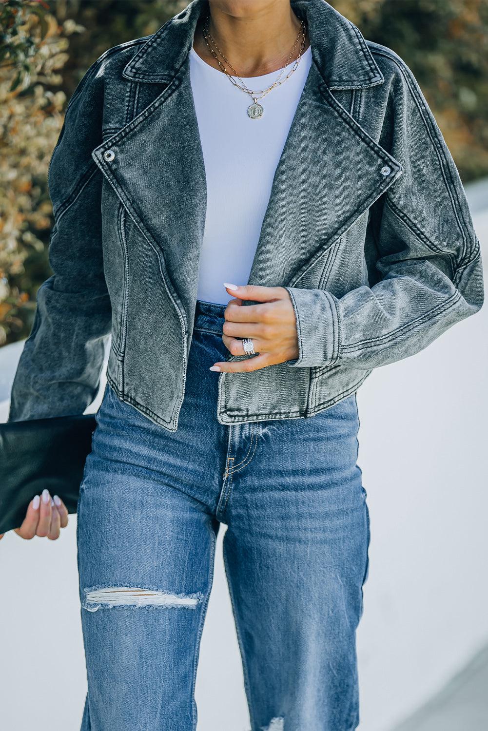 Acid Wash Lapel Collar Cropped Denim Jacket BLUE ZONE PLANET