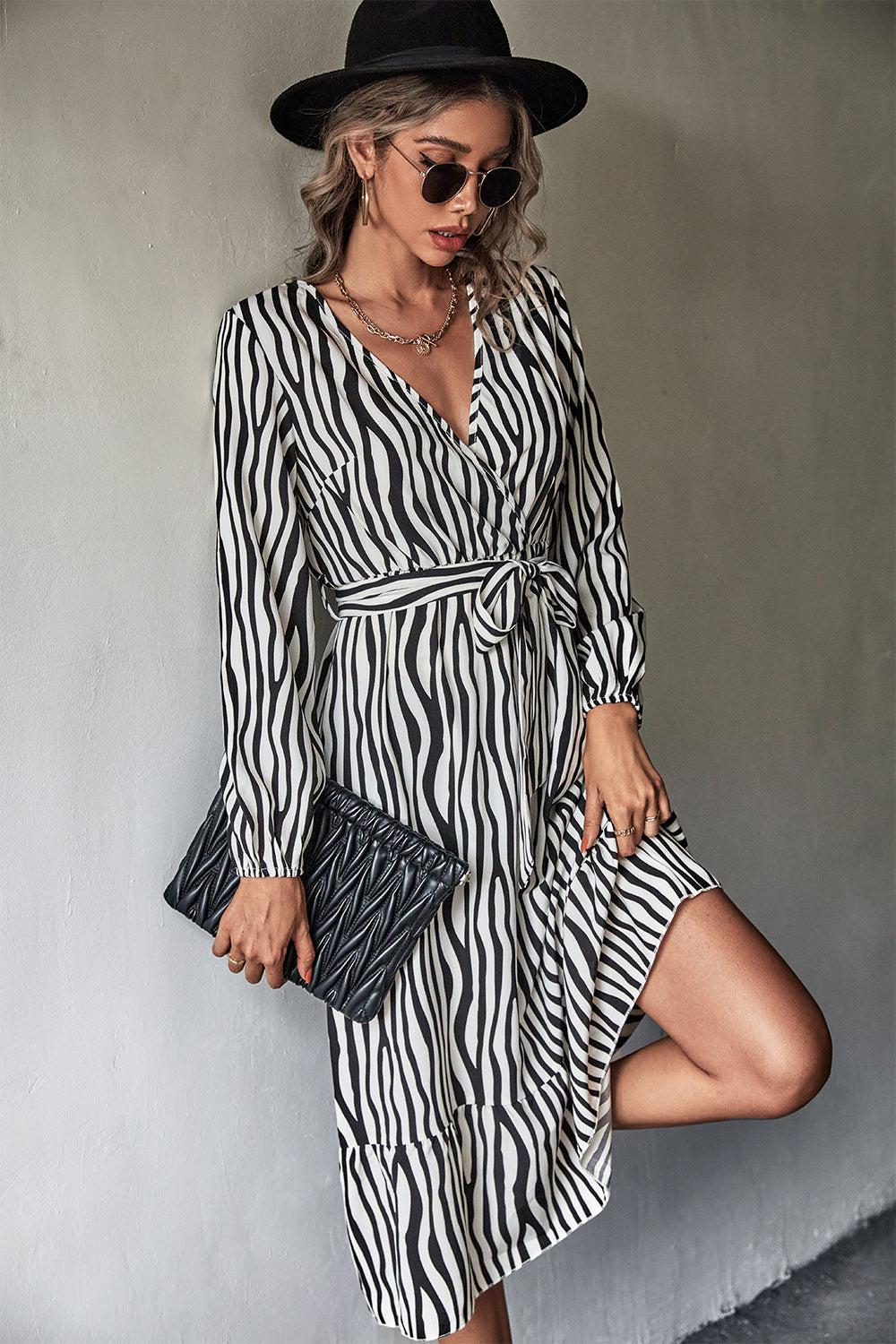 Animal Print Belted Midi Dress BLUE ZONE PLANET