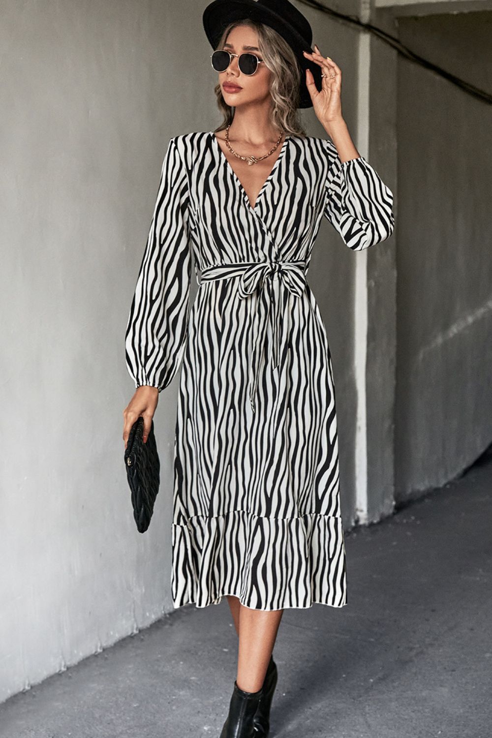 Animal Print Belted Midi Dress BLUE ZONE PLANET