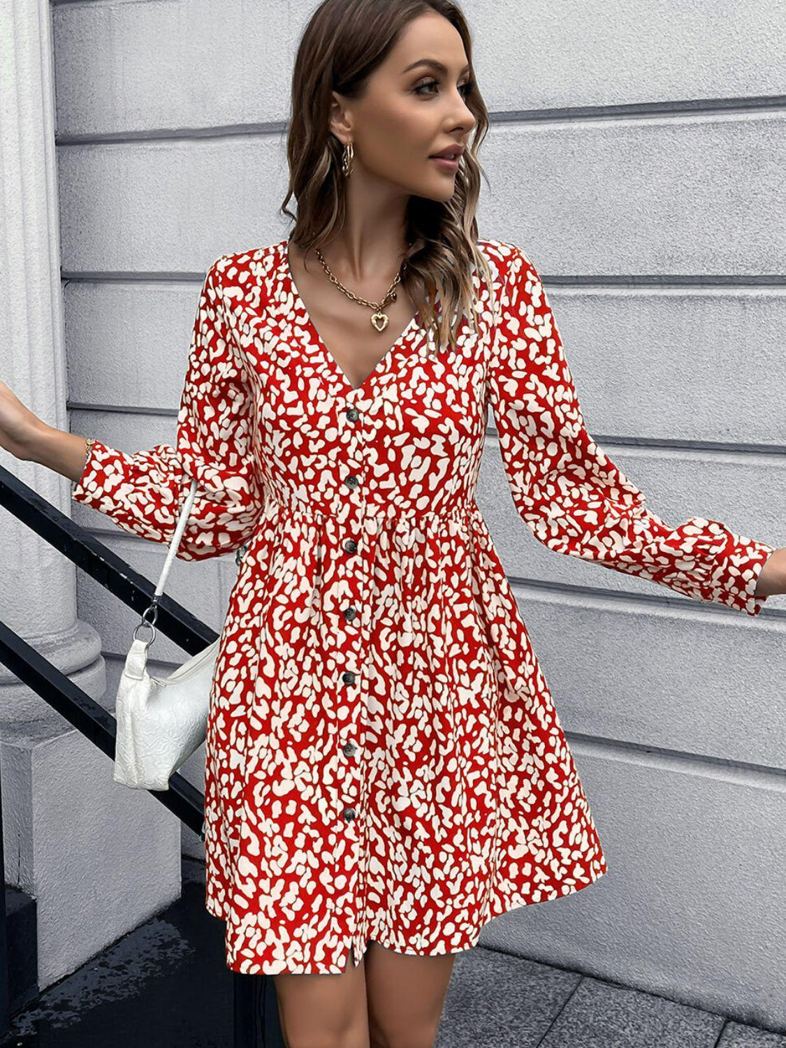 Animal Print Buttoned V-Neck Long Sleeve Mini Dress BLUE ZONE PLANET