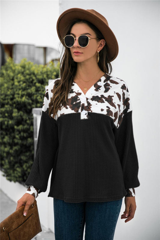 Animal Print Color Block Waffle-Knit Top BLUE ZONE PLANET