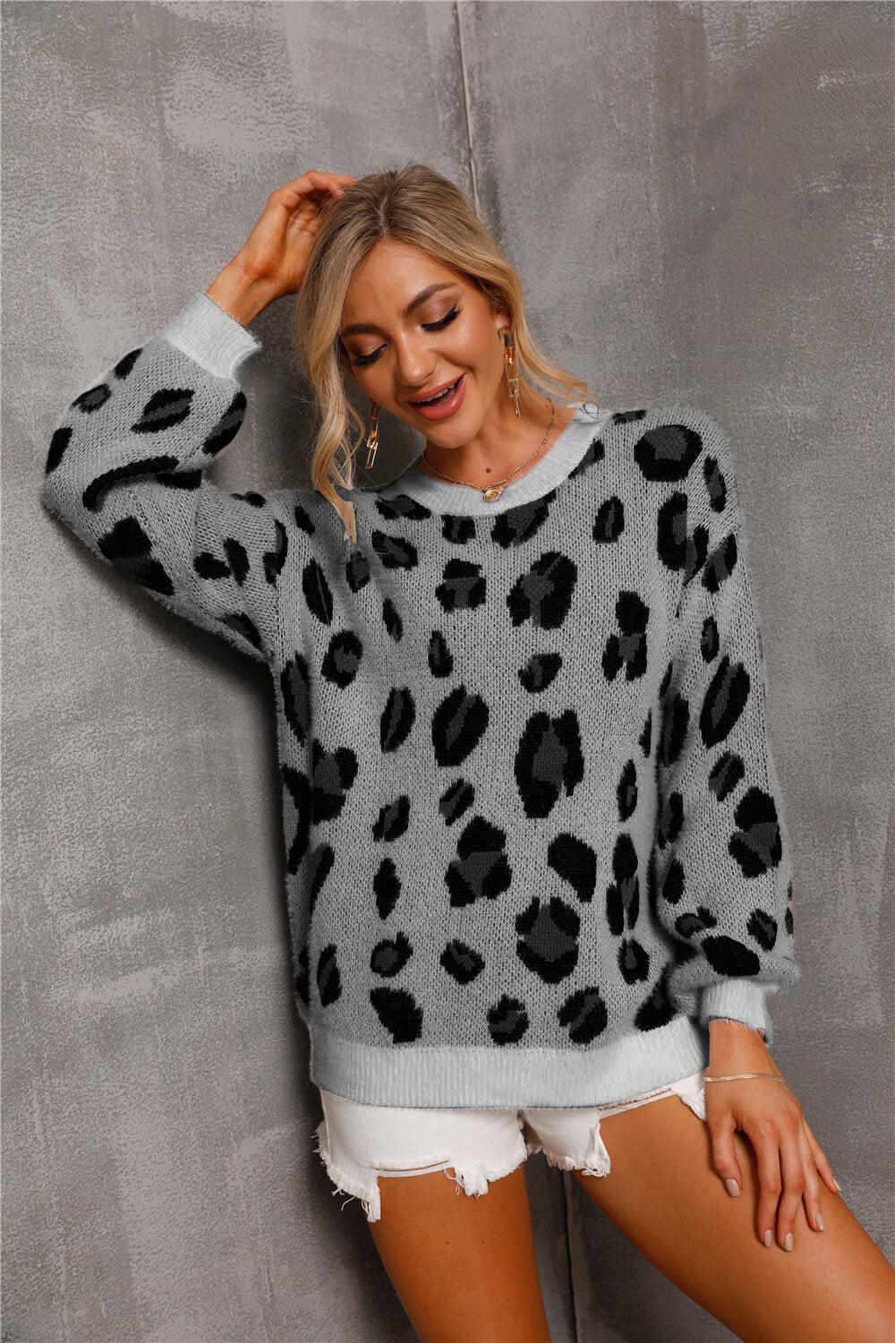 Animal Print Dropped Shoulder Knit Pullover BLUE ZONE PLANET