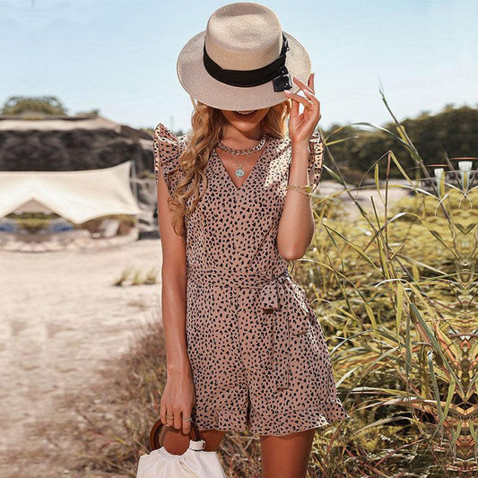 Animal Print Flutter Sleeve Tie-Waist Romper FashionExpress