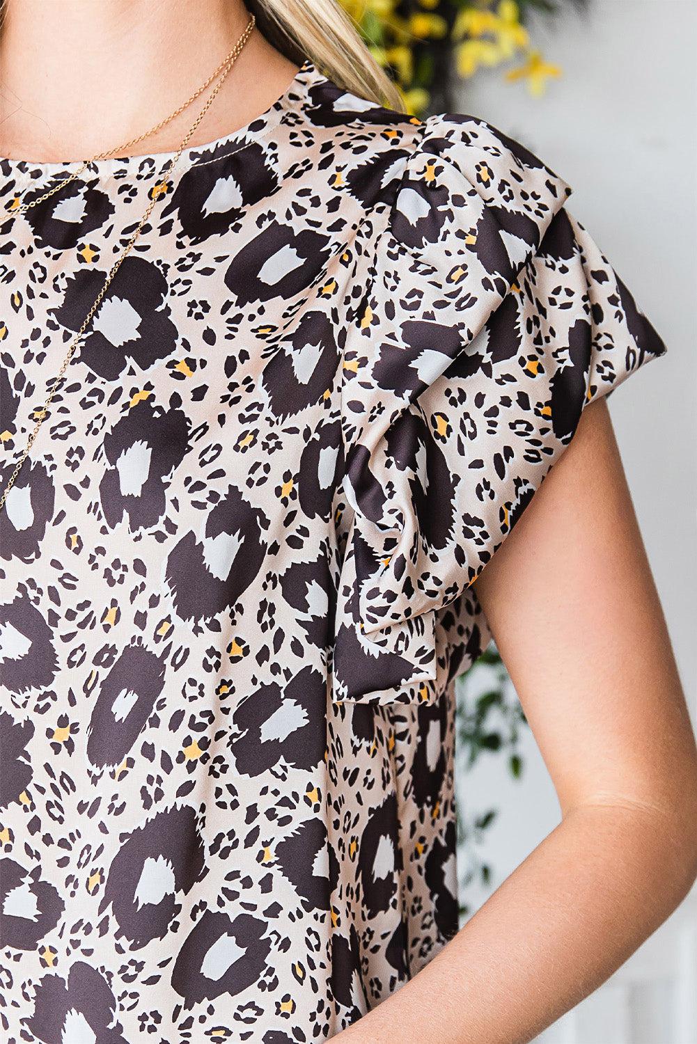 Animal Print Puff Sleeve Round Neck Blouse BLUE ZONE PLANET