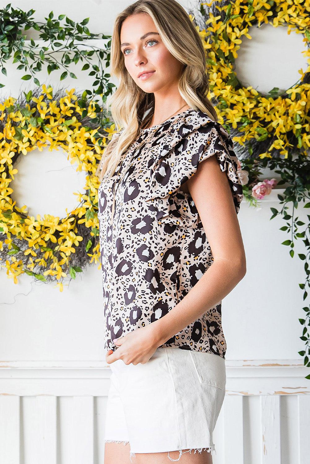 Animal Print Puff Sleeve Round Neck Blouse BLUE ZONE PLANET