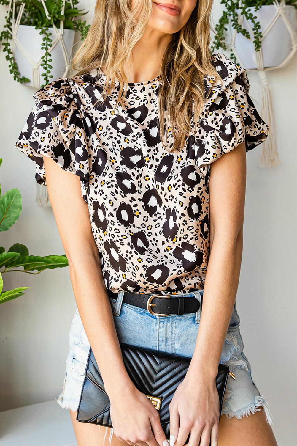 Animal Print Puff Sleeve Round Neck Blouse BLUE ZONE PLANET