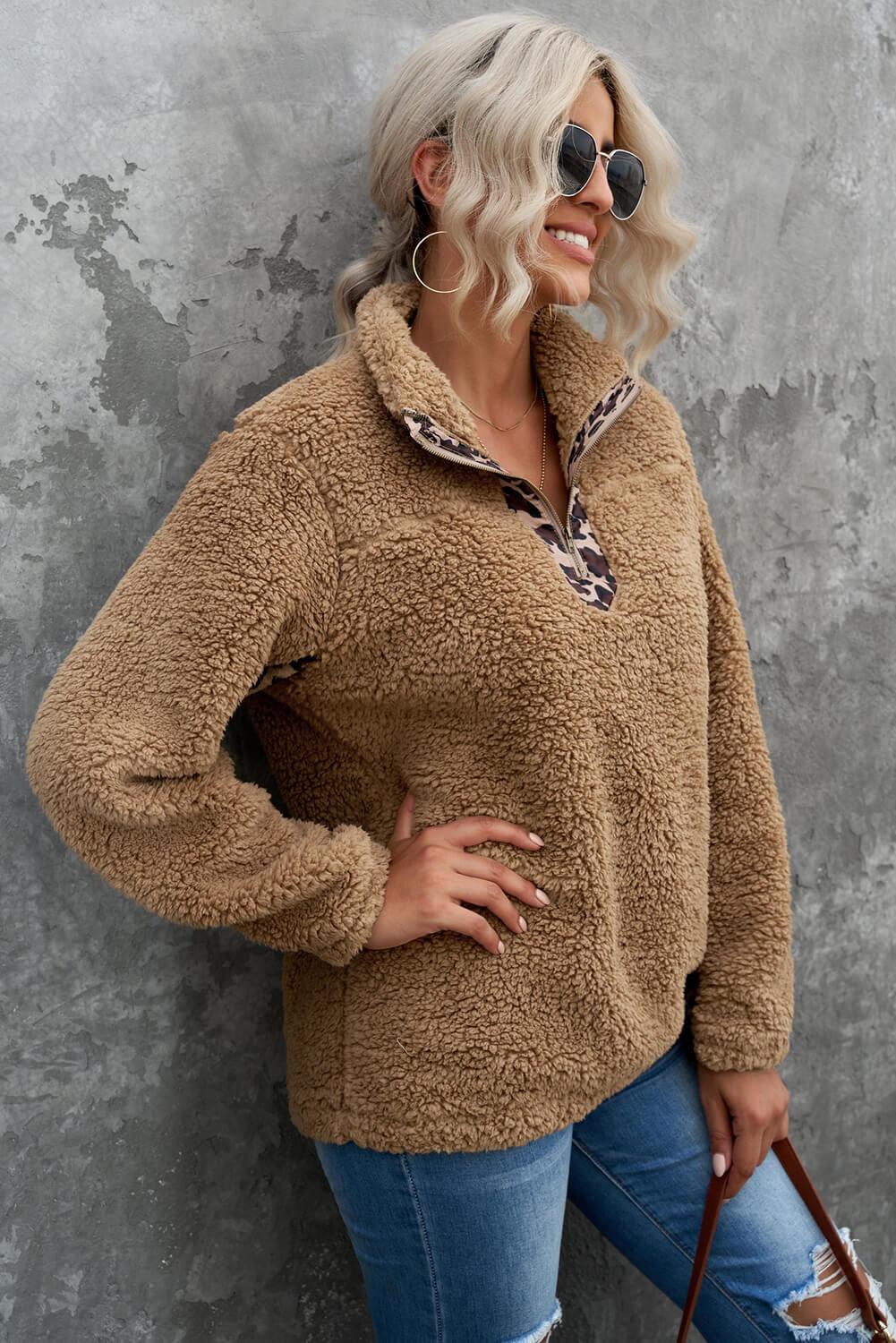 Animal Print Quarter-Zip Sherpa Sweatshirt BLUE ZONE PLANET