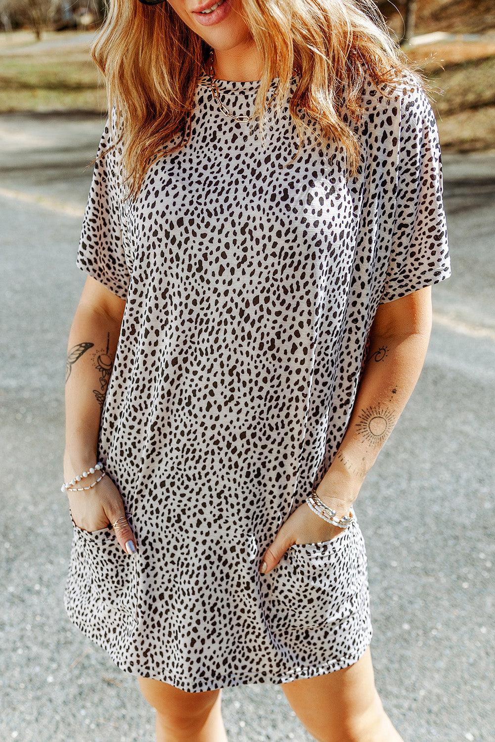 Animal Print Round Neck Tunic Tee with Pockets BLUE ZONE PLANET