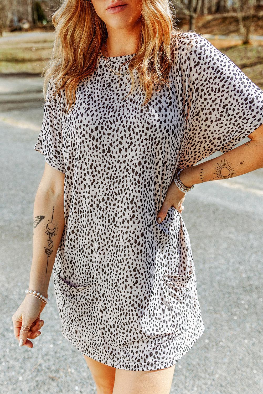 Animal Print Round Neck Tunic Tee with Pockets BLUE ZONE PLANET