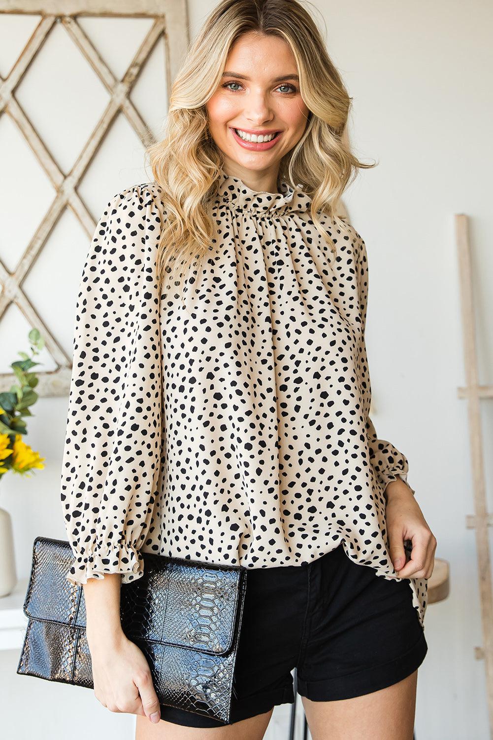 Animal Print Ruffle Collar Flounce Sleeve Blouse BLUE ZONE PLANET