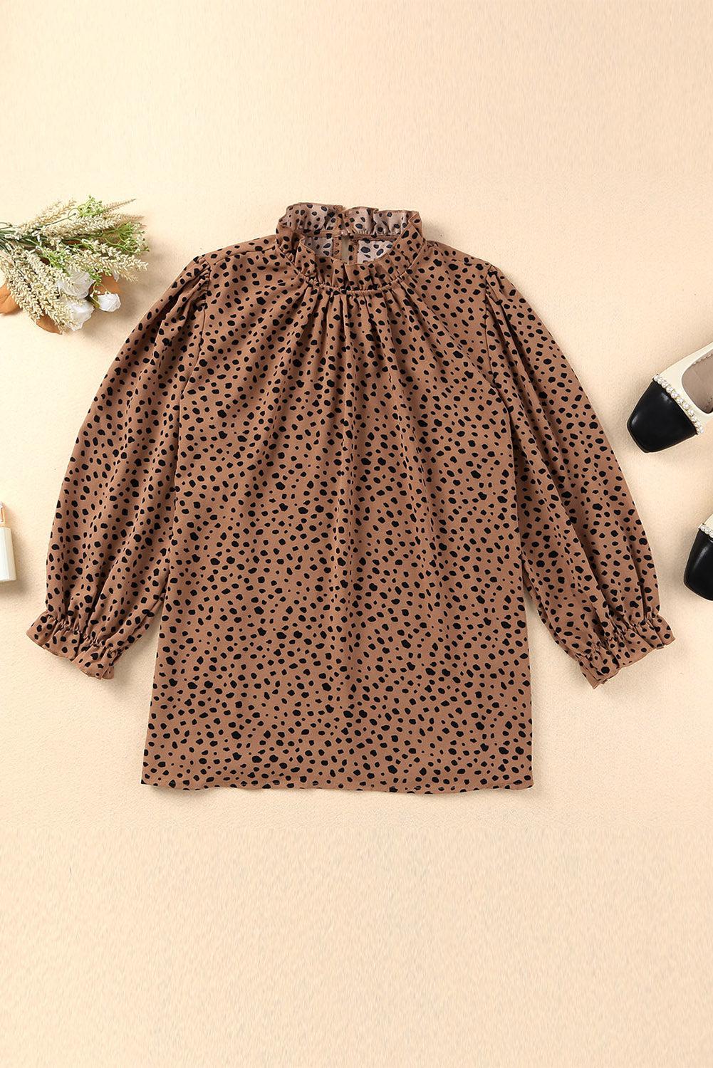 Animal Print Ruffle Collar Flounce Sleeve Blouse BLUE ZONE PLANET