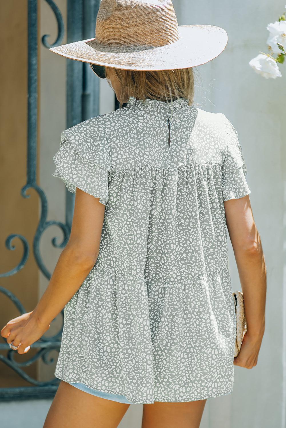 Animal Print Ruffled Sleeve Babydoll Top BLUE ZONE PLANET