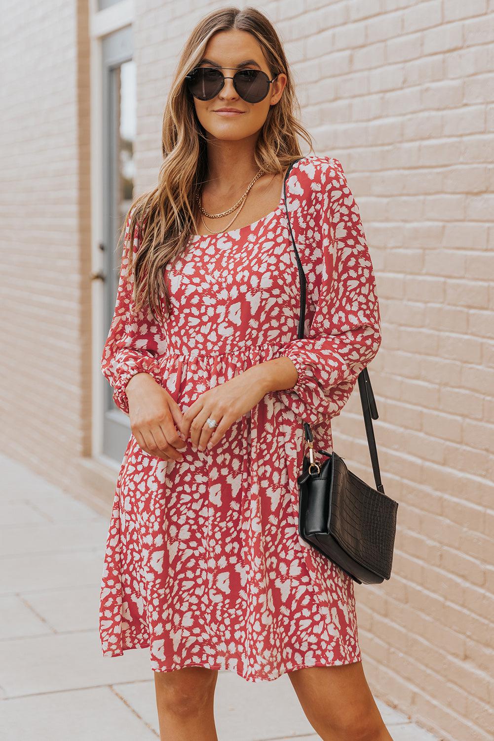 Animal Print Square Neck Balloon Sleeve Dress BLUE ZONE PLANET