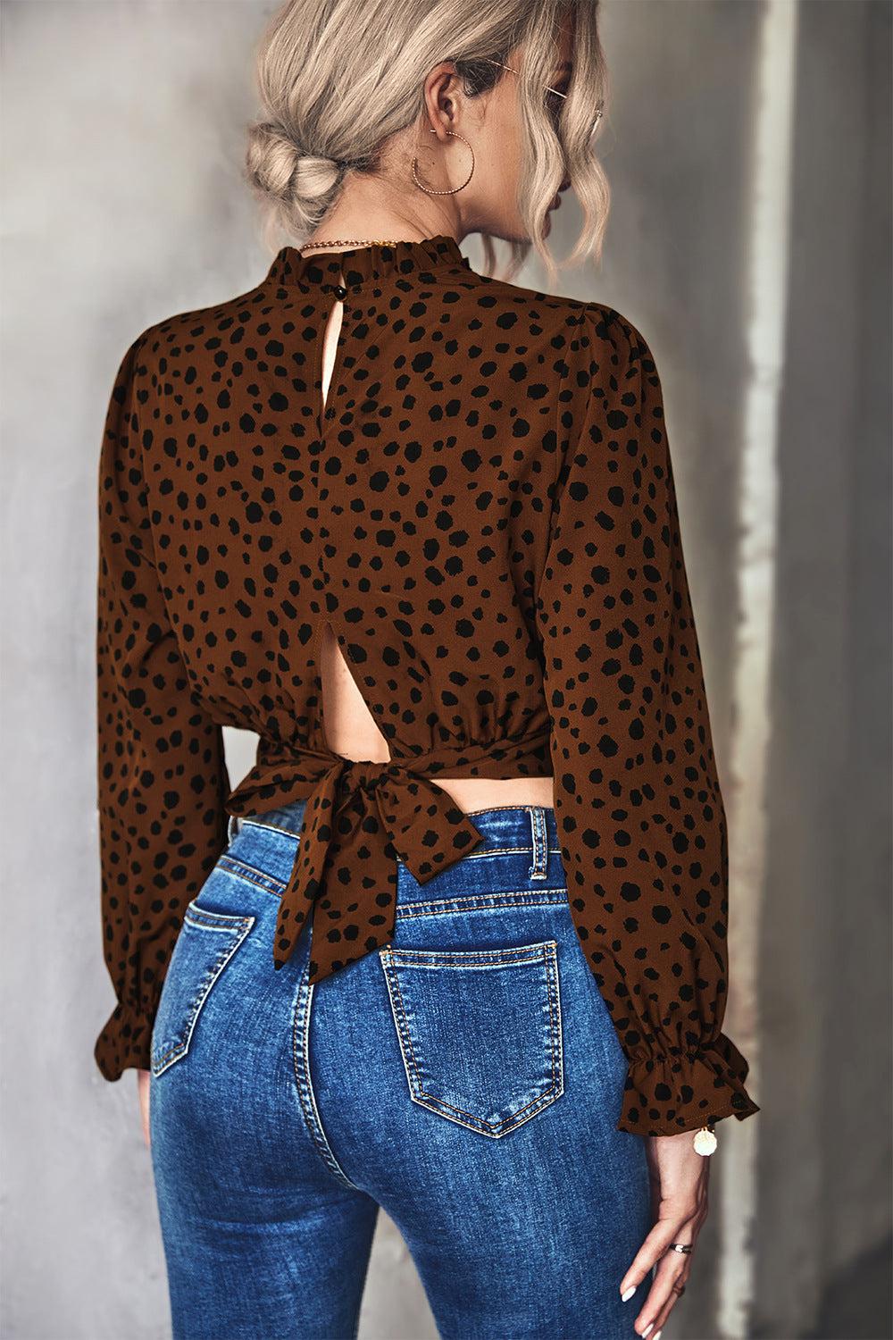 Animal Print Tie-Back Cropped Blouse BLUE ZONE PLANET