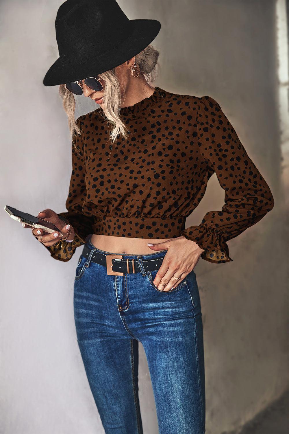 Animal Print Tie-Back Cropped Blouse BLUE ZONE PLANET