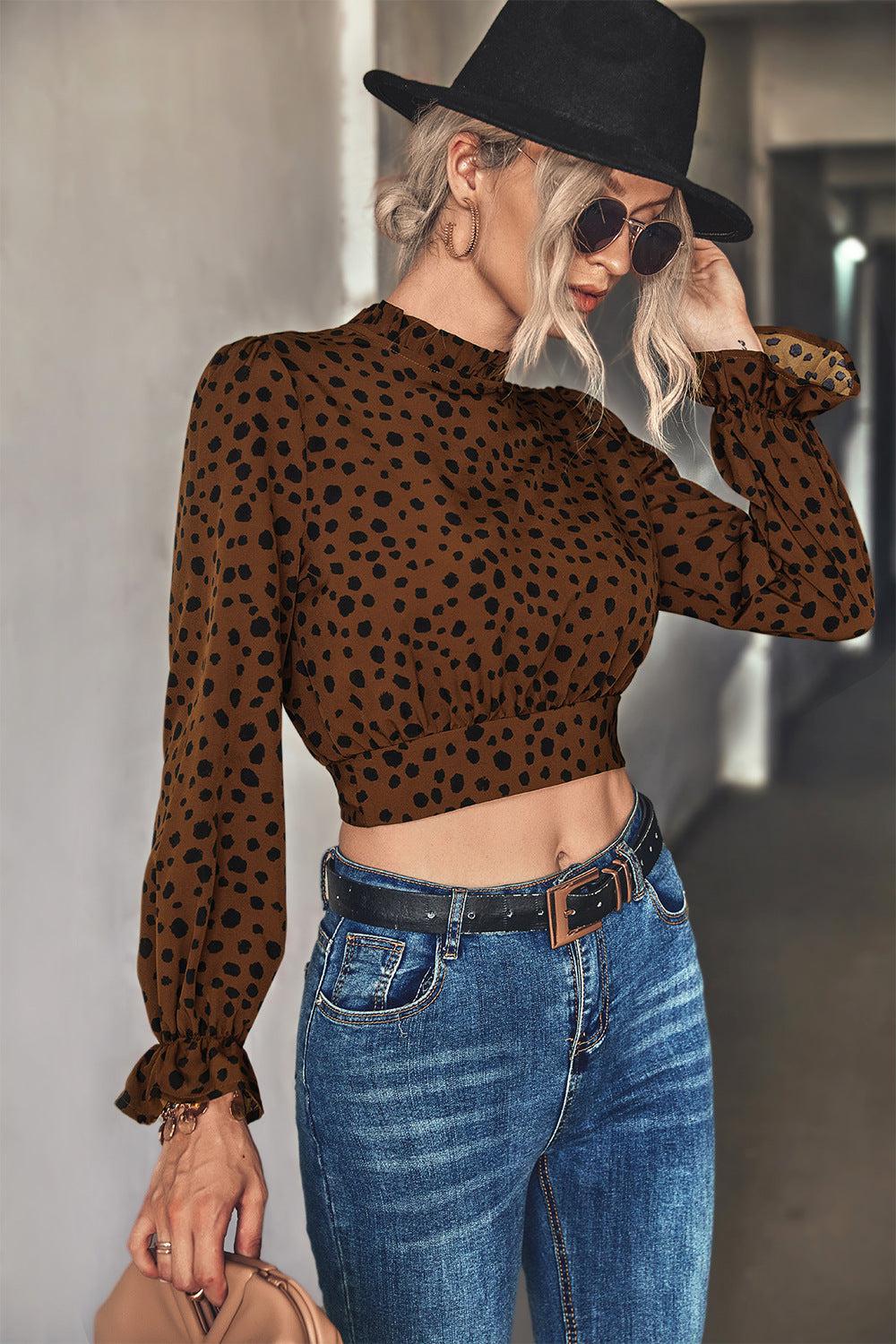 Animal Print Tie-Back Cropped Blouse BLUE ZONE PLANET