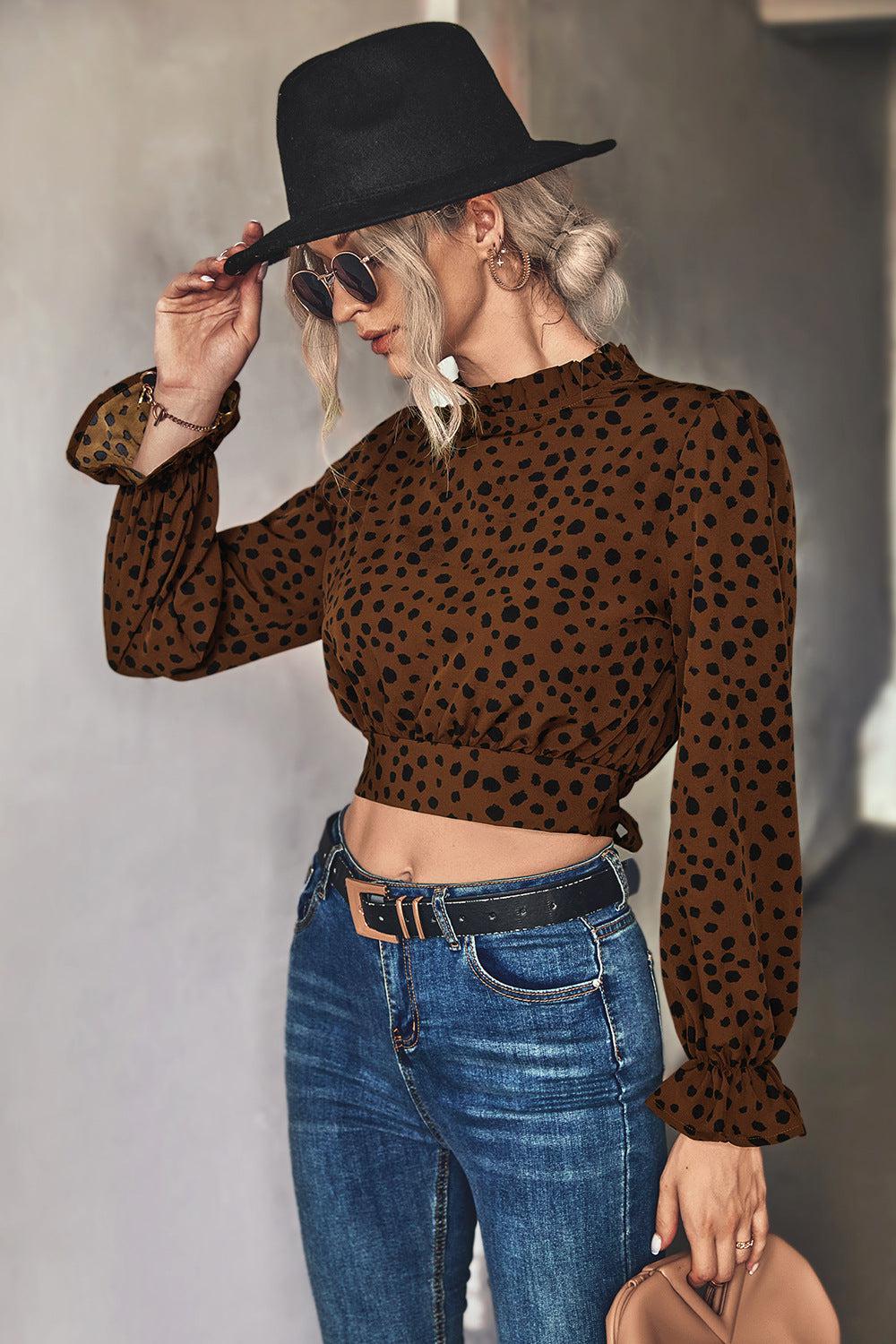 Animal Print Tie-Back Cropped Blouse BLUE ZONE PLANET