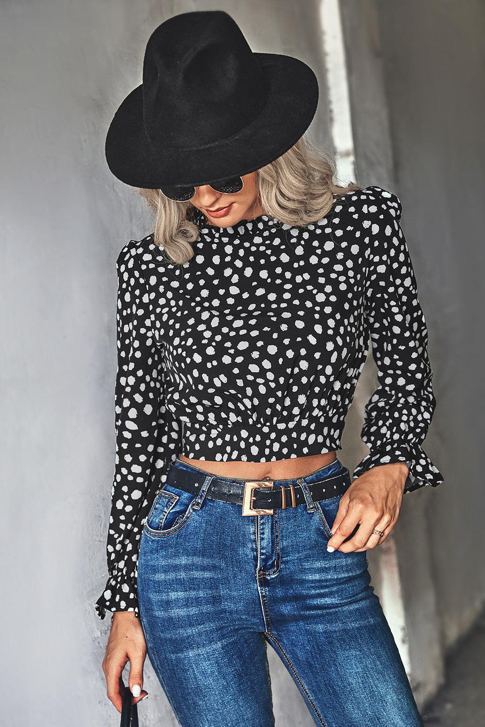 Animal Print Tie-Back Cropped Blouse BLUE ZONE PLANET