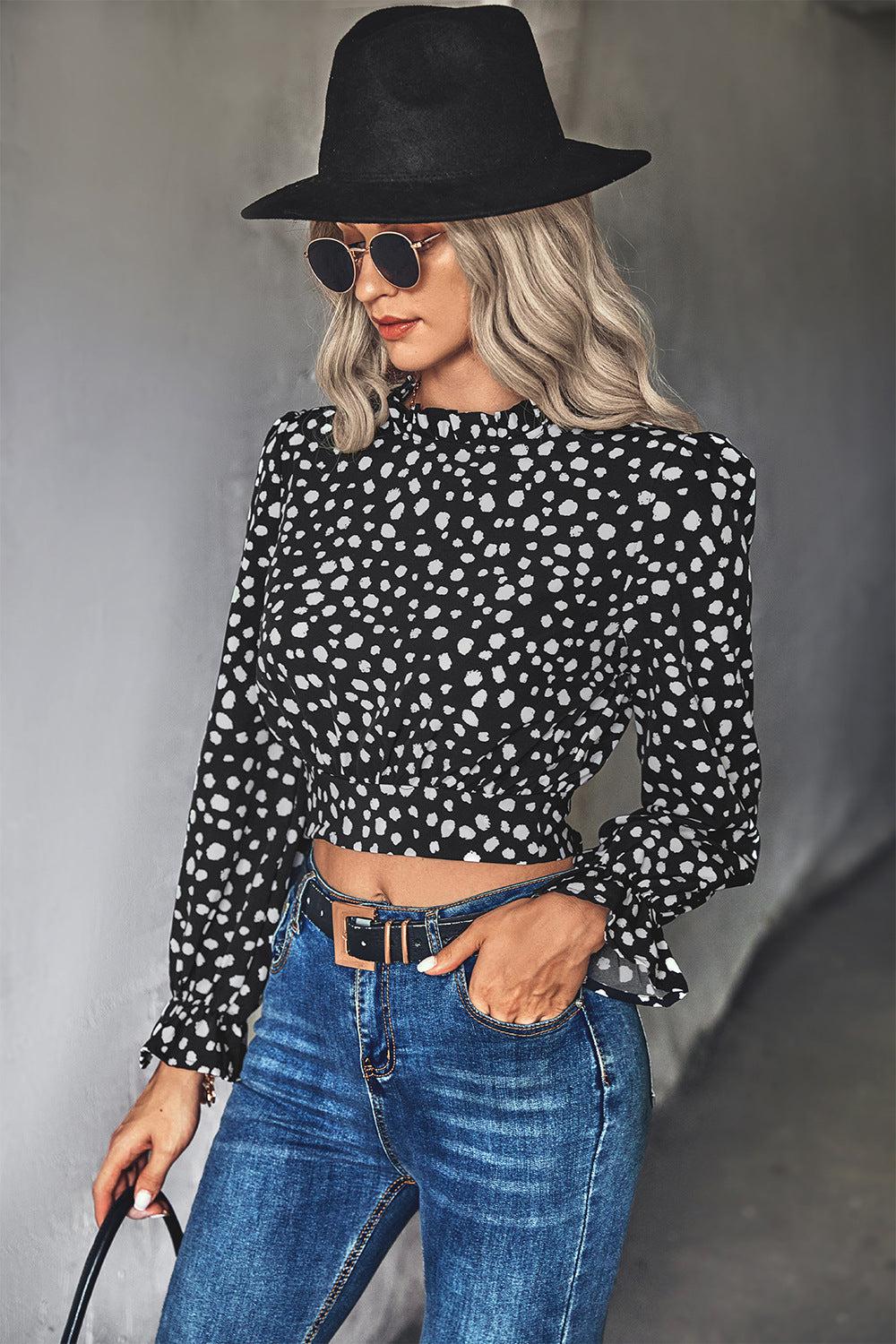 Animal Print Tie-Back Cropped Blouse BLUE ZONE PLANET