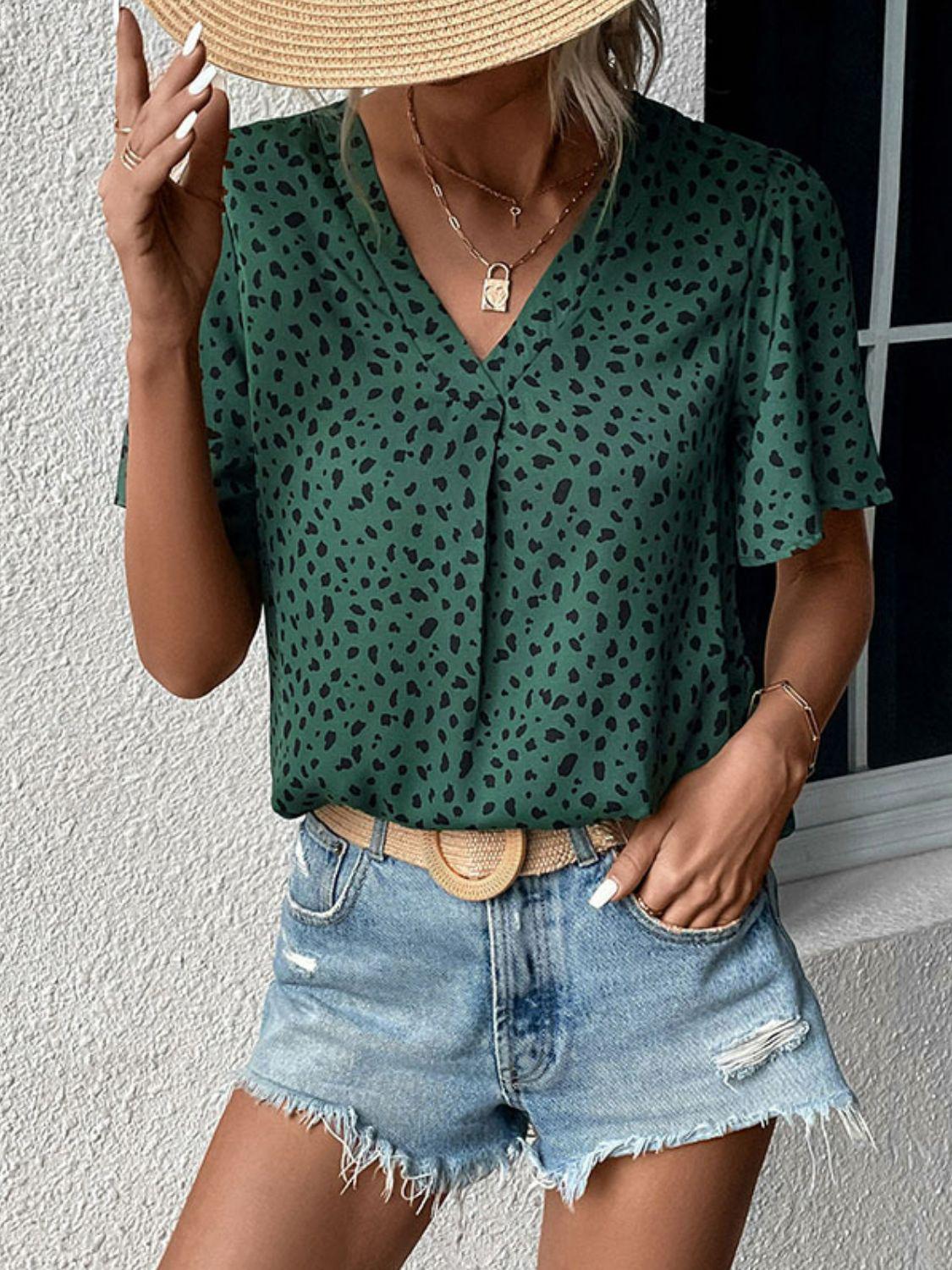 Animal Print V-Neck Flutter Sleeve Blouse BLUE ZONE PLANET