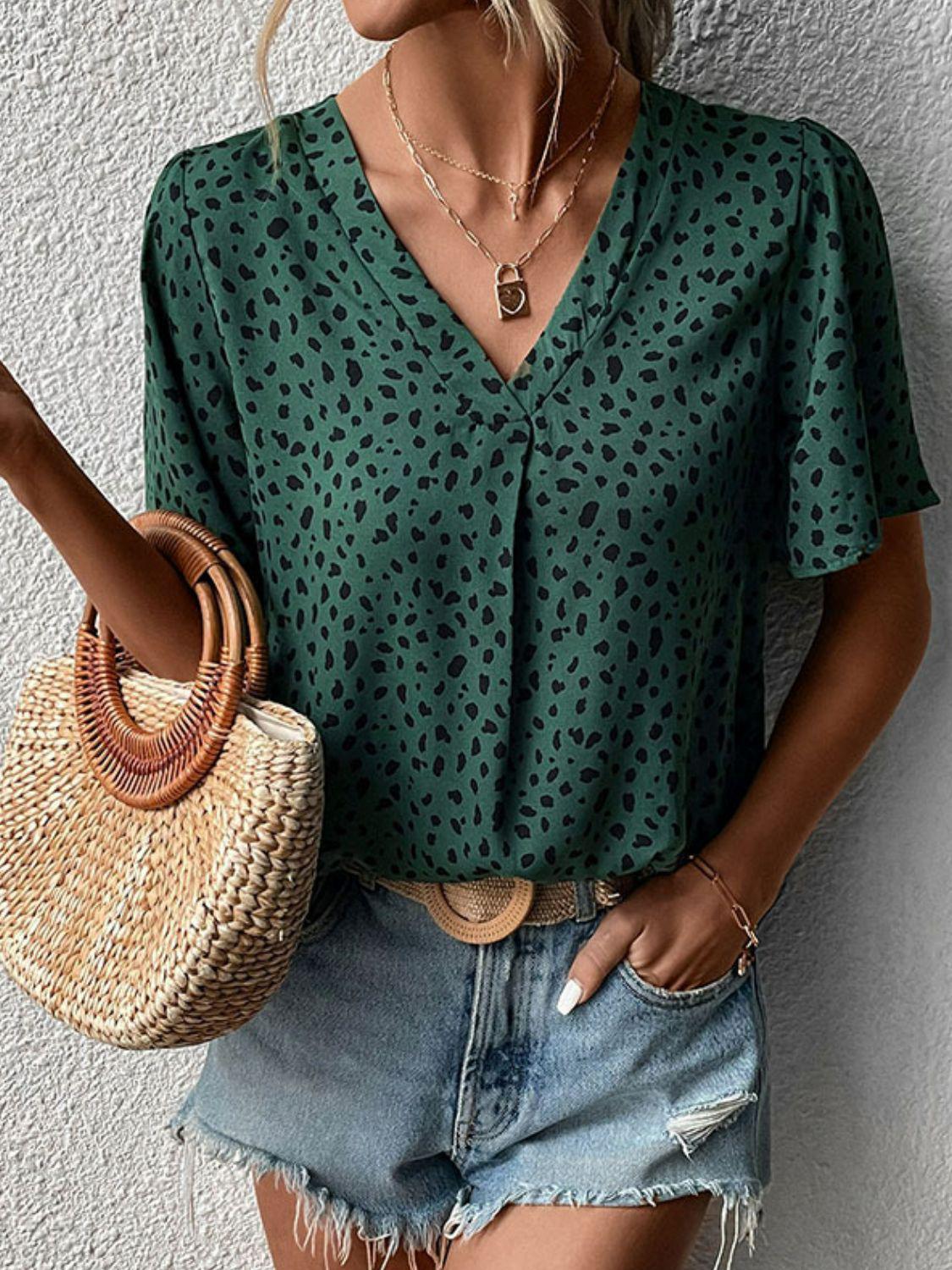 Animal Print V-Neck Flutter Sleeve Blouse BLUE ZONE PLANET