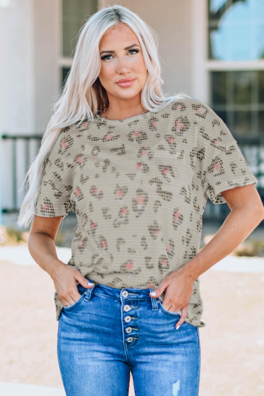 Animal Print Waffle Knit Short Sleeve Top BLUE ZONE PLANET