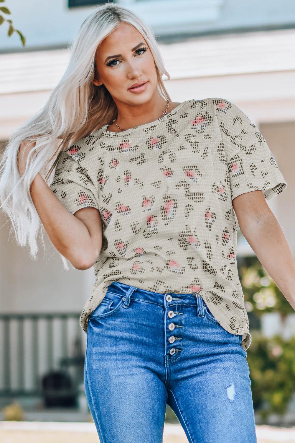 Animal Print Waffle Knit Short Sleeve Top BLUE ZONE PLANET
