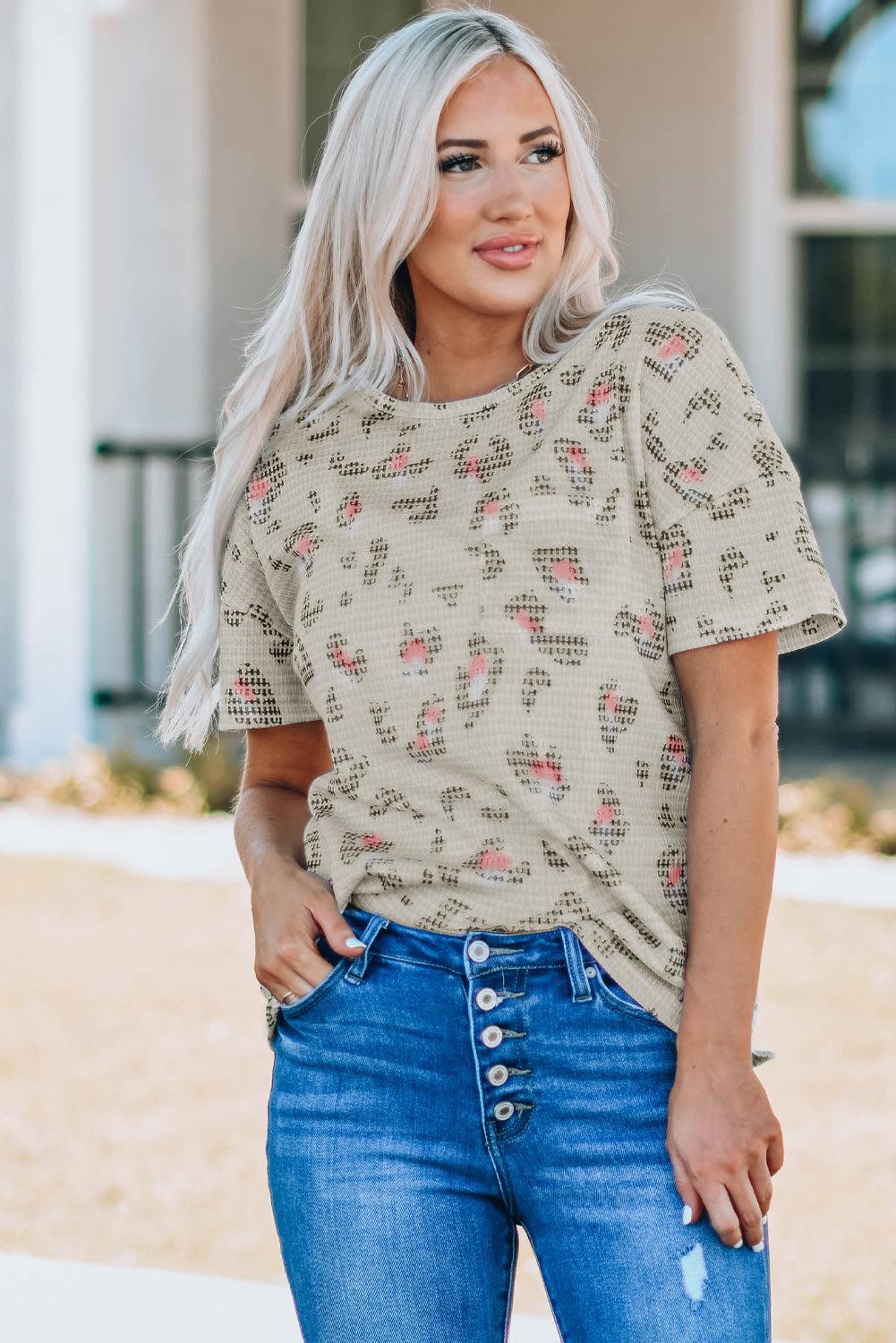 Animal Print Waffle Knit Short Sleeve Top BLUE ZONE PLANET