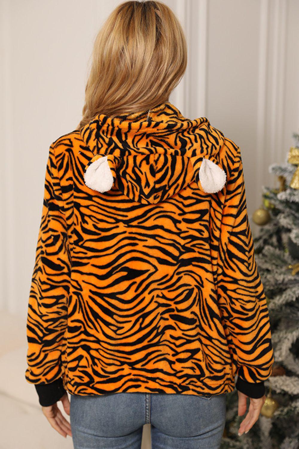 Animal Print Zip-Up Hooded Flannel Jacket BLUE ZONE PLANET