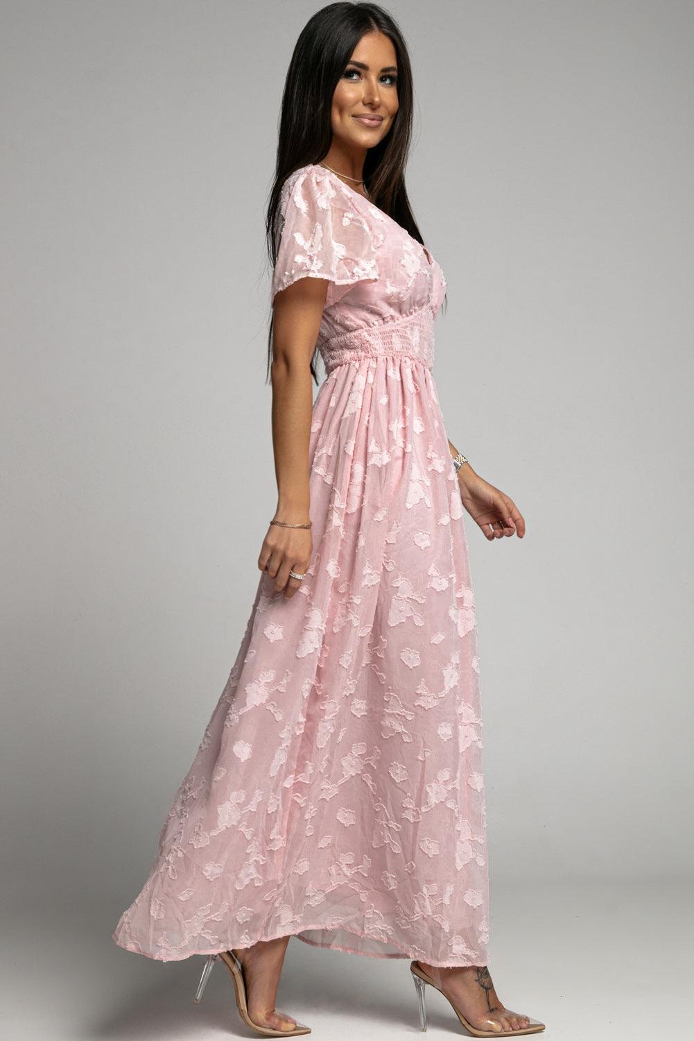 Applique Smocked Waist Plunge Maxi Dress BLUE ZONE PLANET