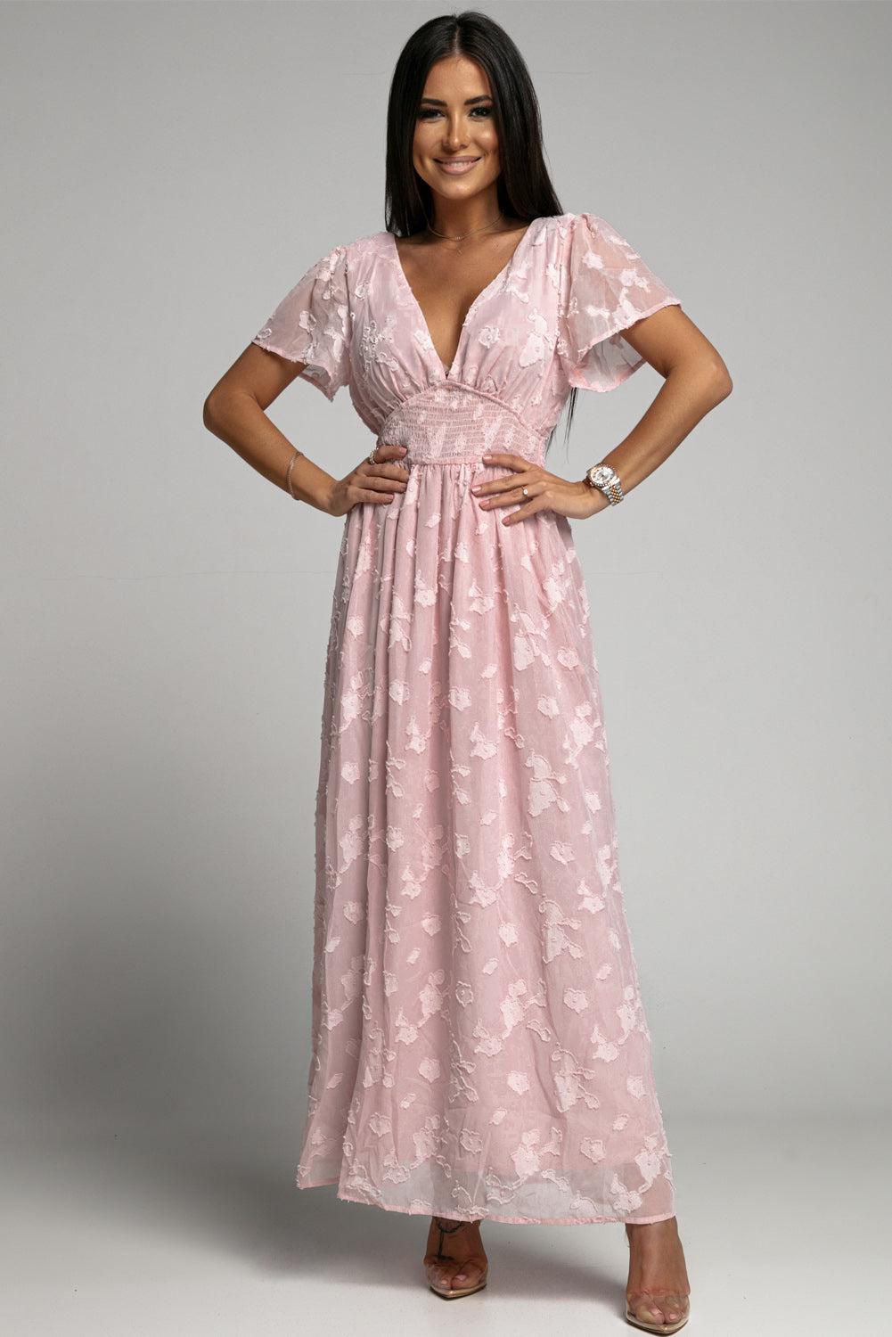 Applique Smocked Waist Plunge Maxi Dress BLUE ZONE PLANET