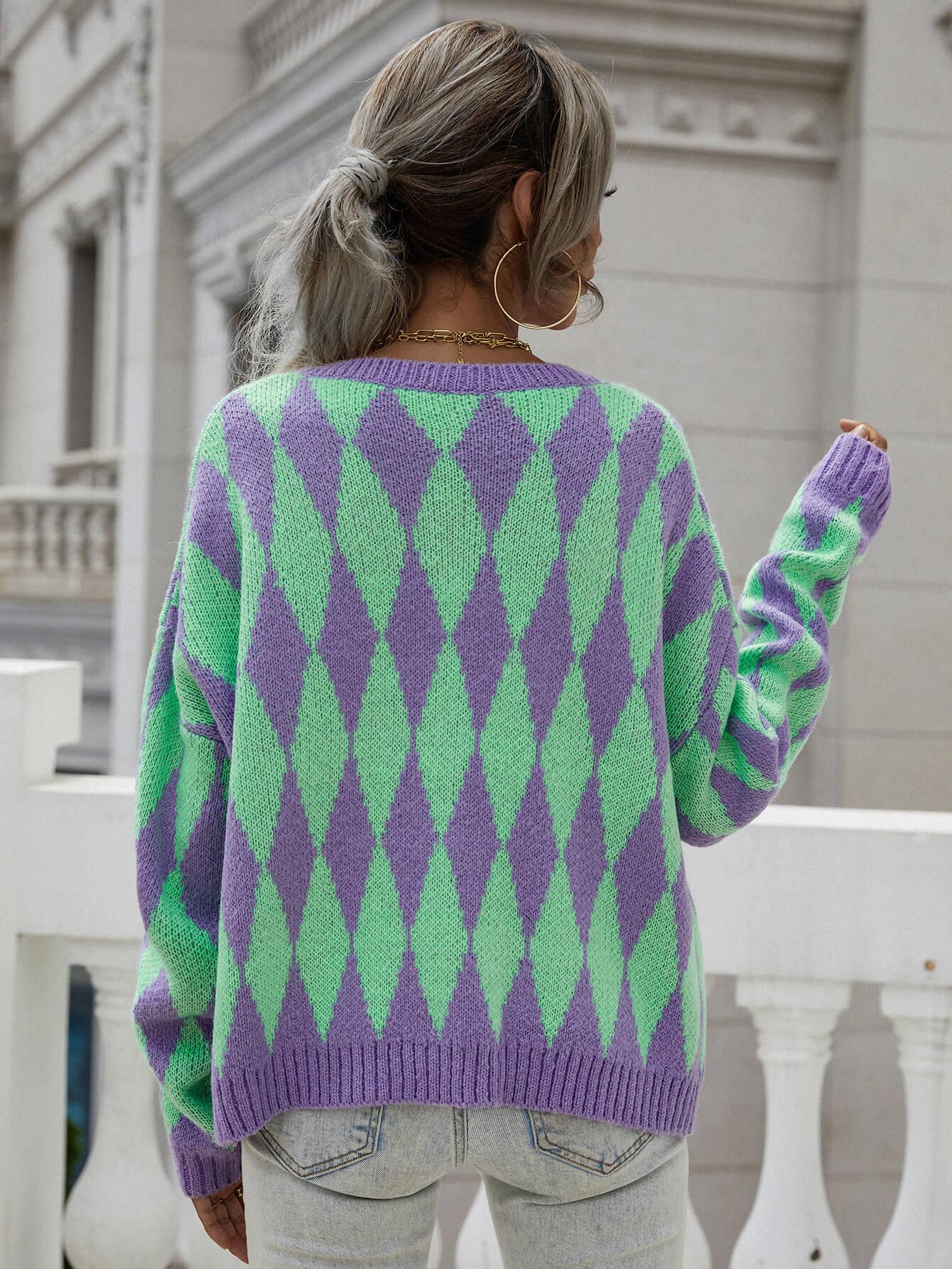 Argyle Button Front Drop Shoulder Cardigan BLUE ZONE PLANET