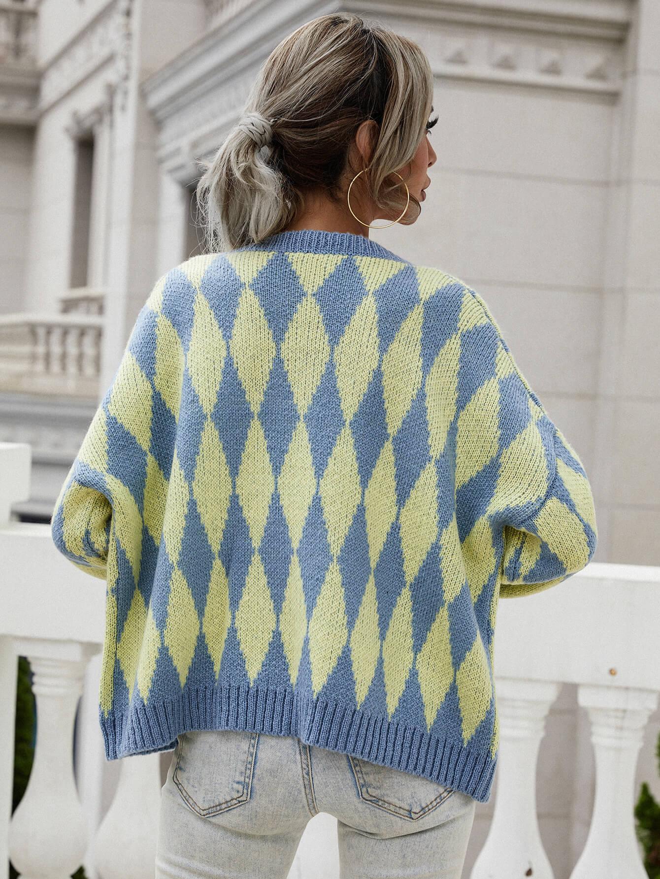 Argyle Button Front Drop Shoulder Cardigan BLUE ZONE PLANET