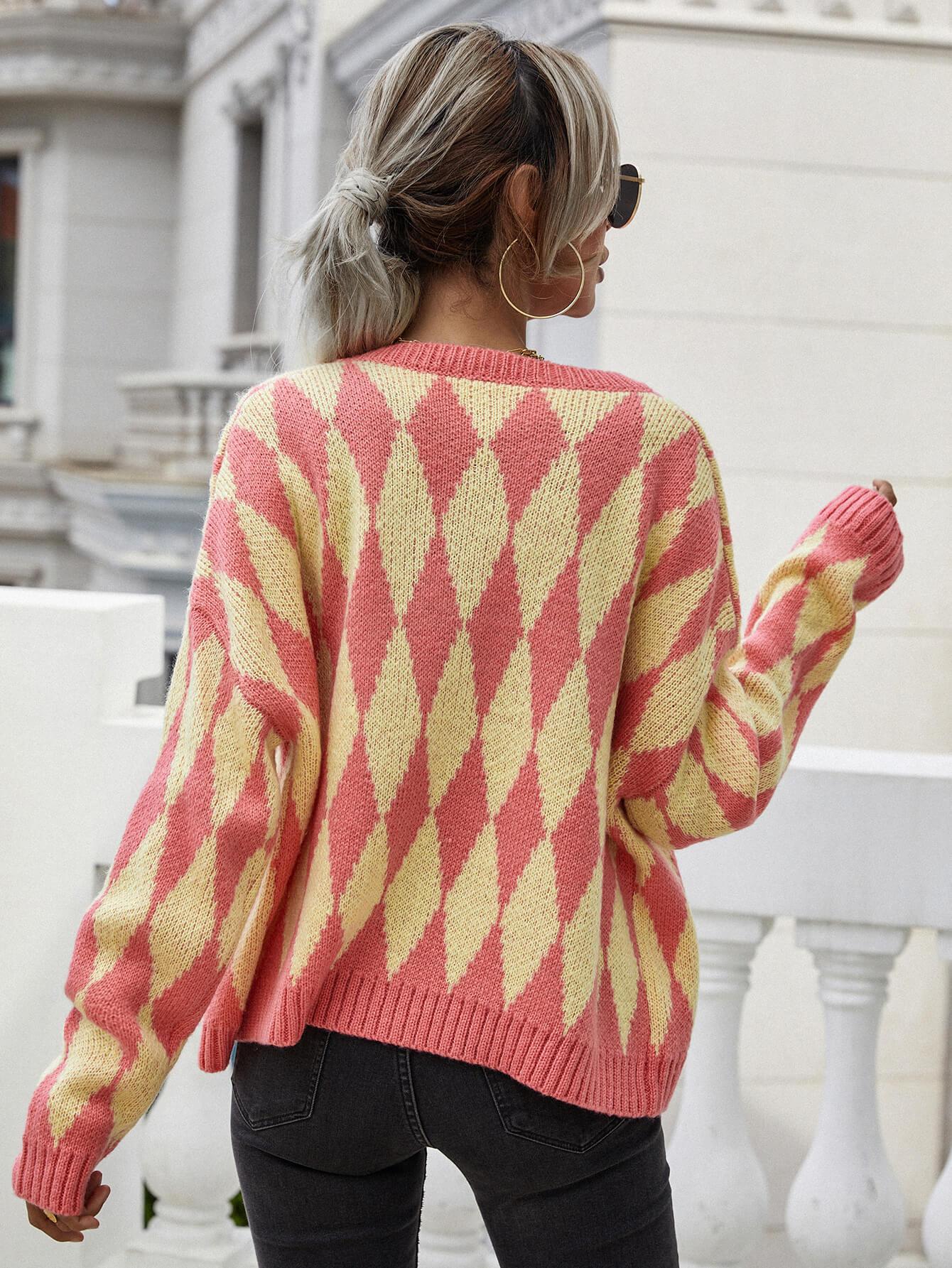 Argyle Button Front Drop Shoulder Cardigan BLUE ZONE PLANET