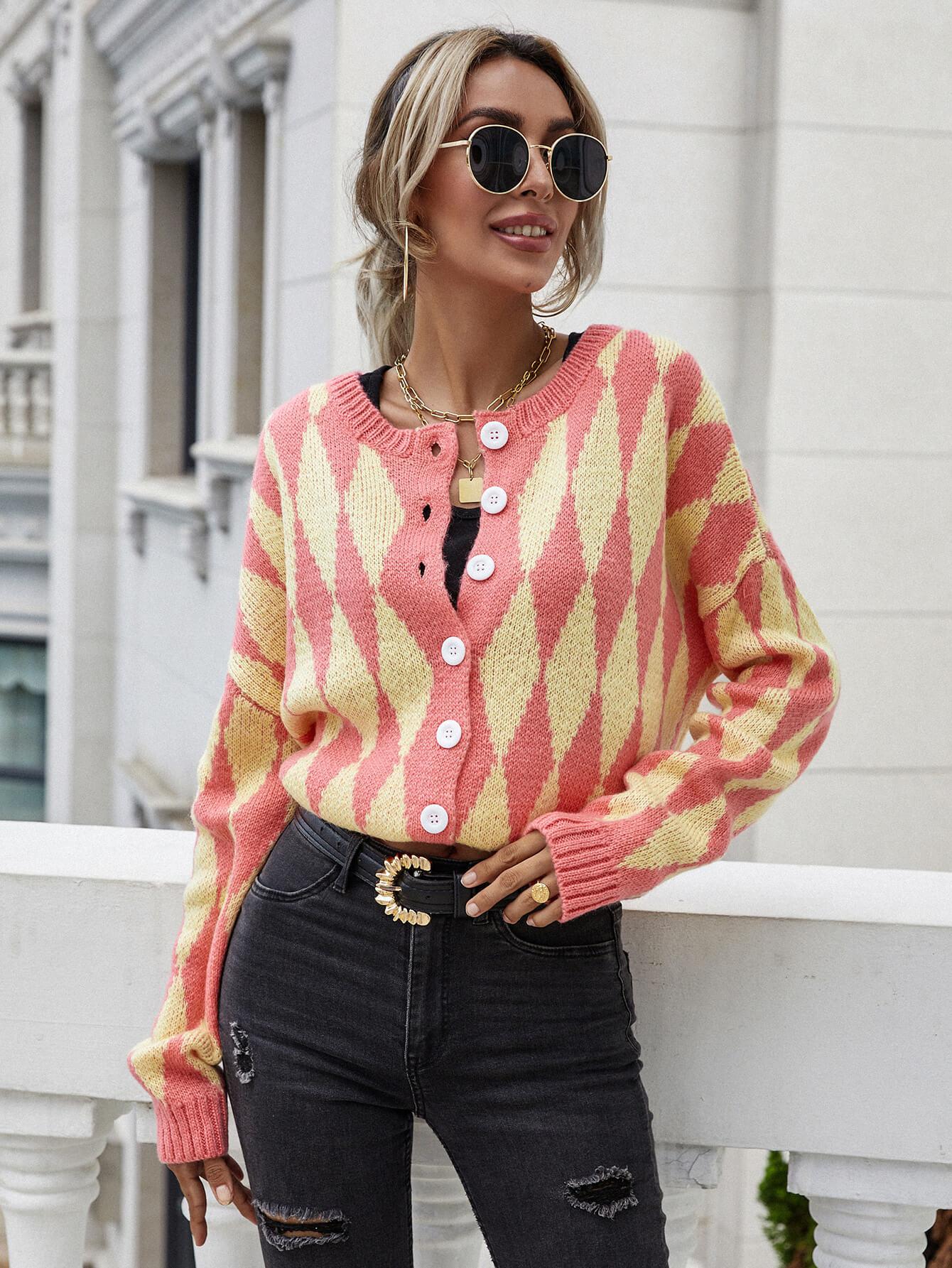 Argyle Button Front Drop Shoulder Cardigan BLUE ZONE PLANET