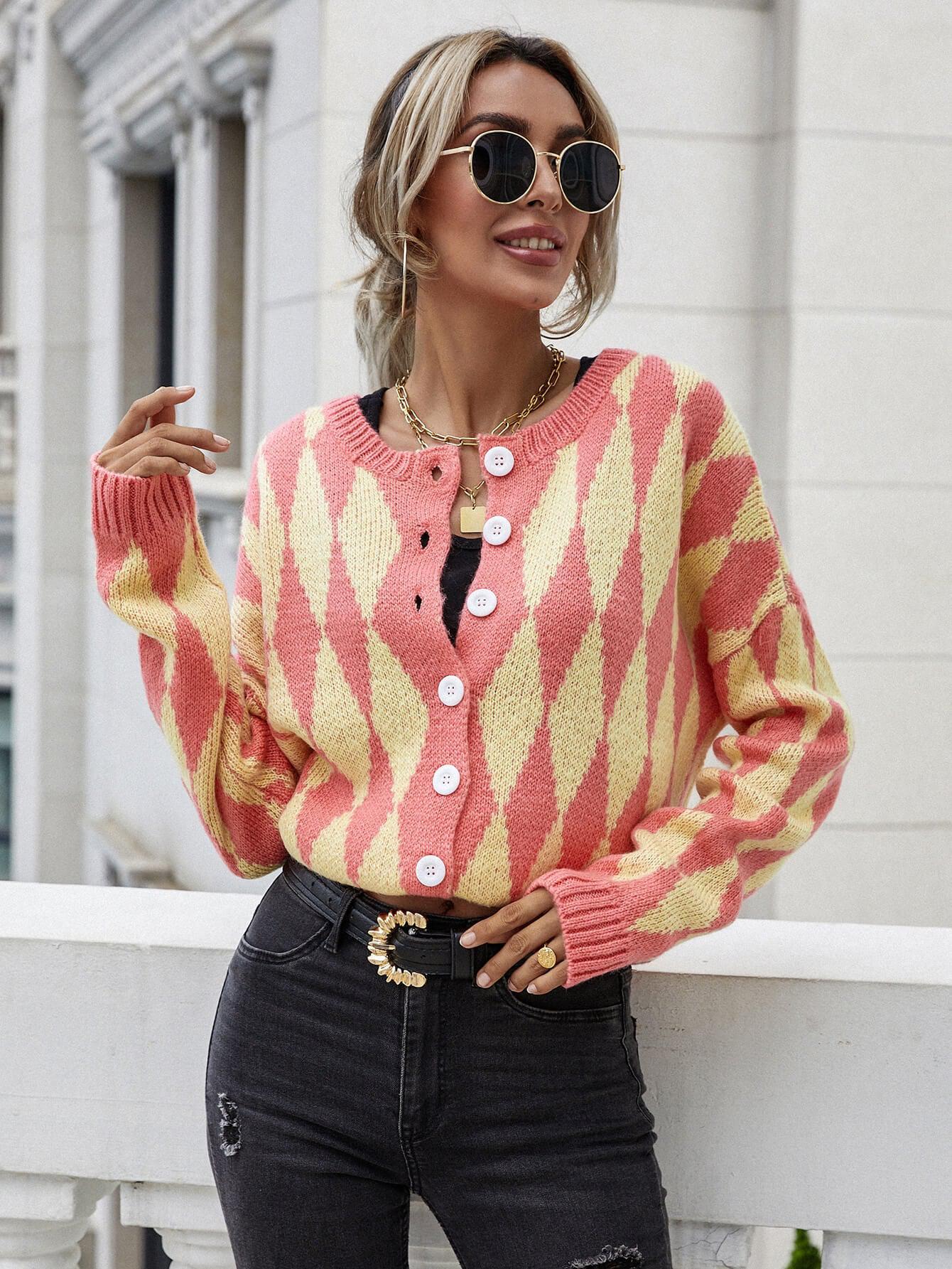Argyle Button Front Drop Shoulder Cardigan BLUE ZONE PLANET