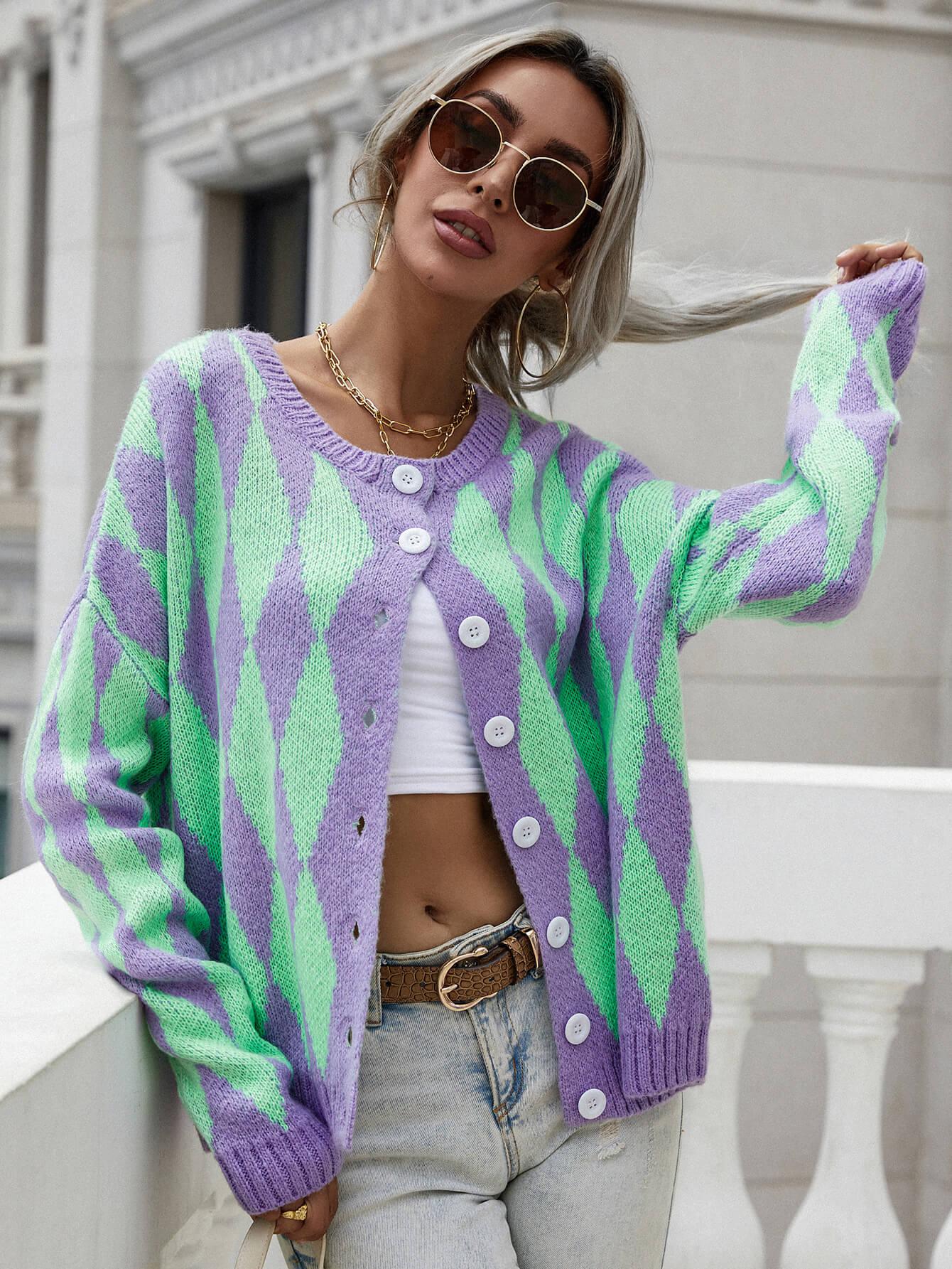 Argyle Button Front Drop Shoulder Cardigan BLUE ZONE PLANET