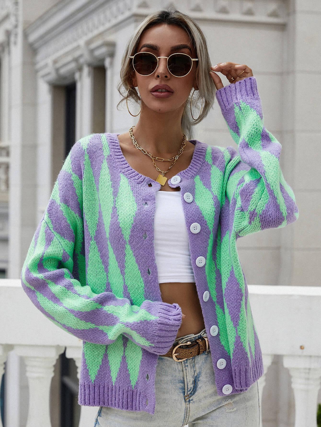Argyle Button Front Drop Shoulder Cardigan BLUE ZONE PLANET