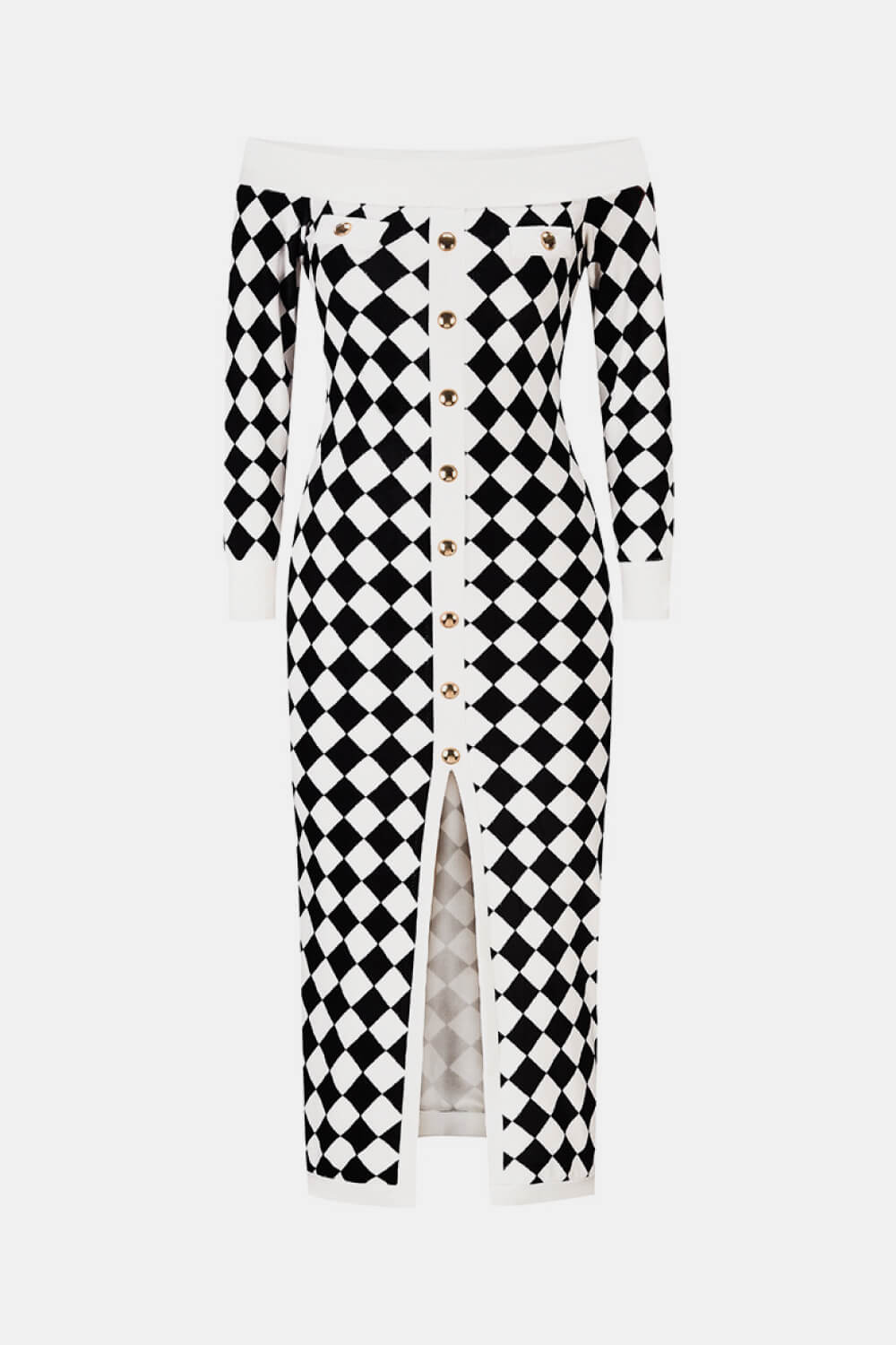 Blue Planet | Argyle Off-Shoulder Slit Plush Midi Dress - Blue Blue Planet | Argyle Off-Shoulder Slit Plush Midi Dress - Blue