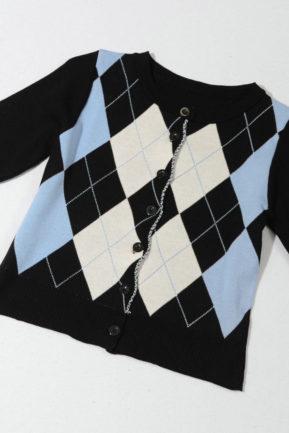 Argyle Round Neck Ribbed Trim Cardigan BLUE ZONE PLANET