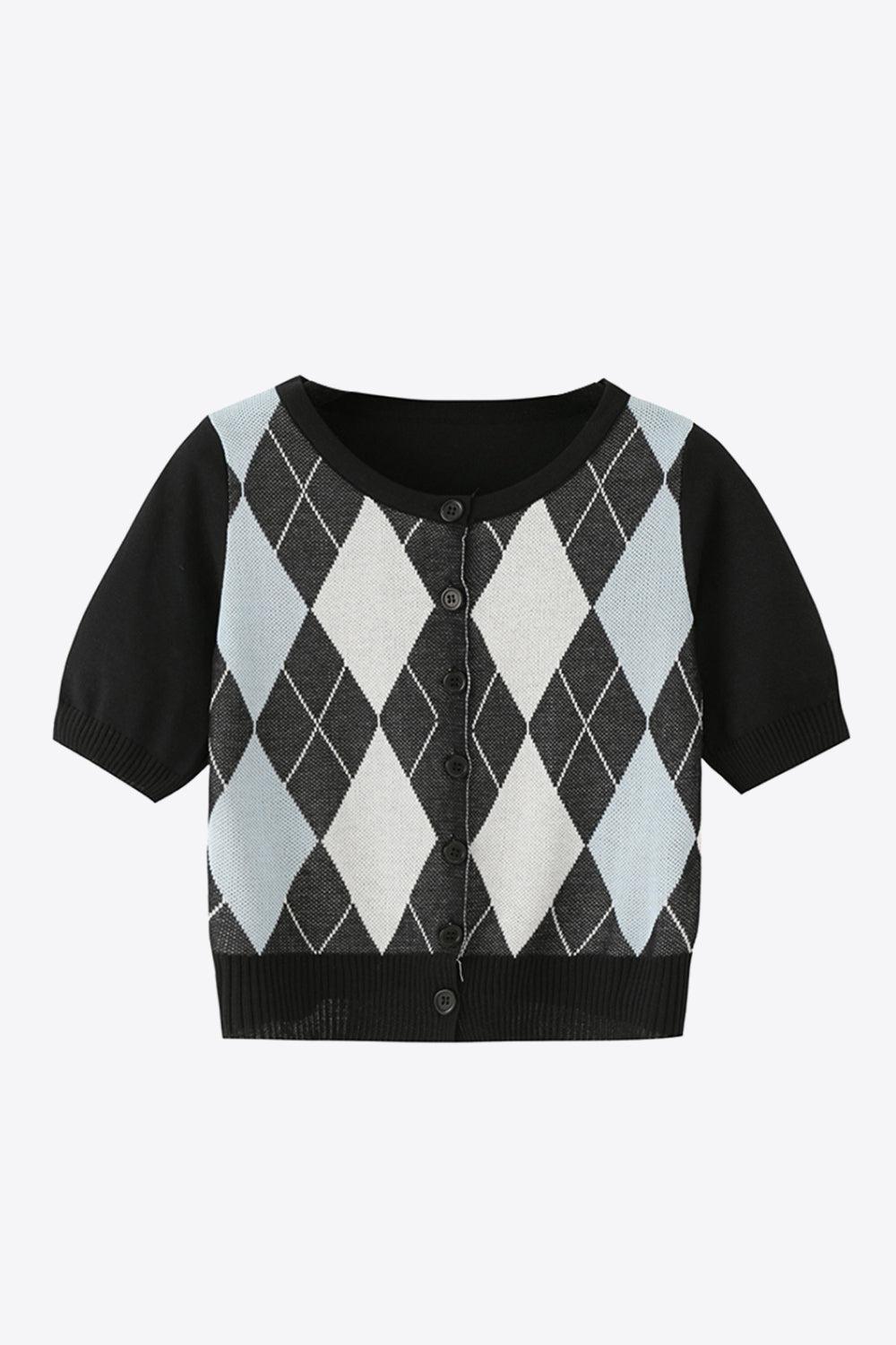 Argyle Round Neck Ribbed Trim Cardigan BLUE ZONE PLANET