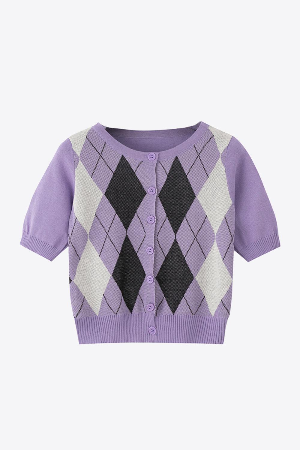 Argyle Round Neck Ribbed Trim Cardigan BLUE ZONE PLANET